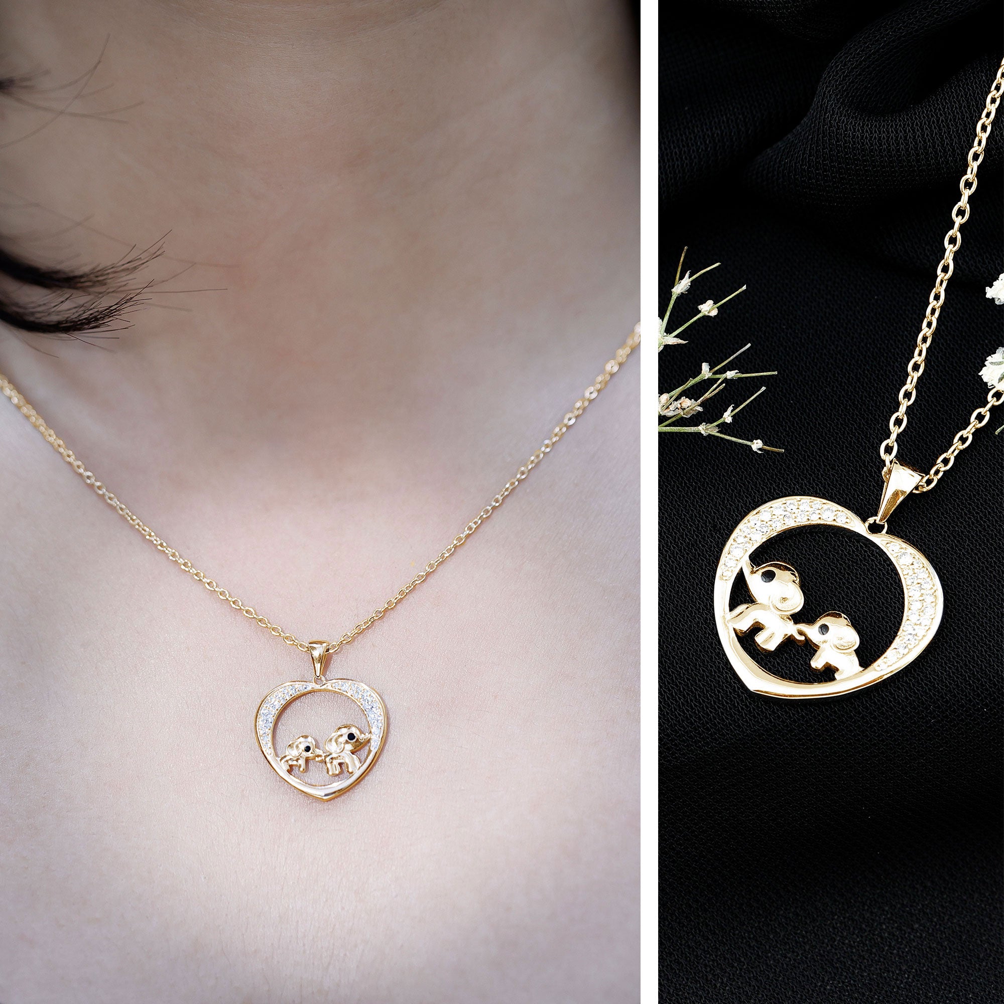 Diamond Elephant Mother Child Necklace Lab - ( EF-VS ) - Rosec Jewels