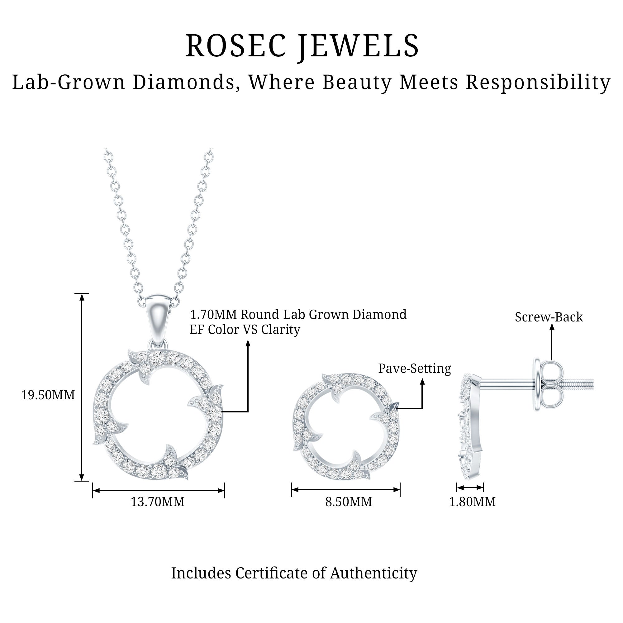Certified Diamond Circle Necklace Earrings Set Lab - ( EF-VS ) - Rosec Jewels