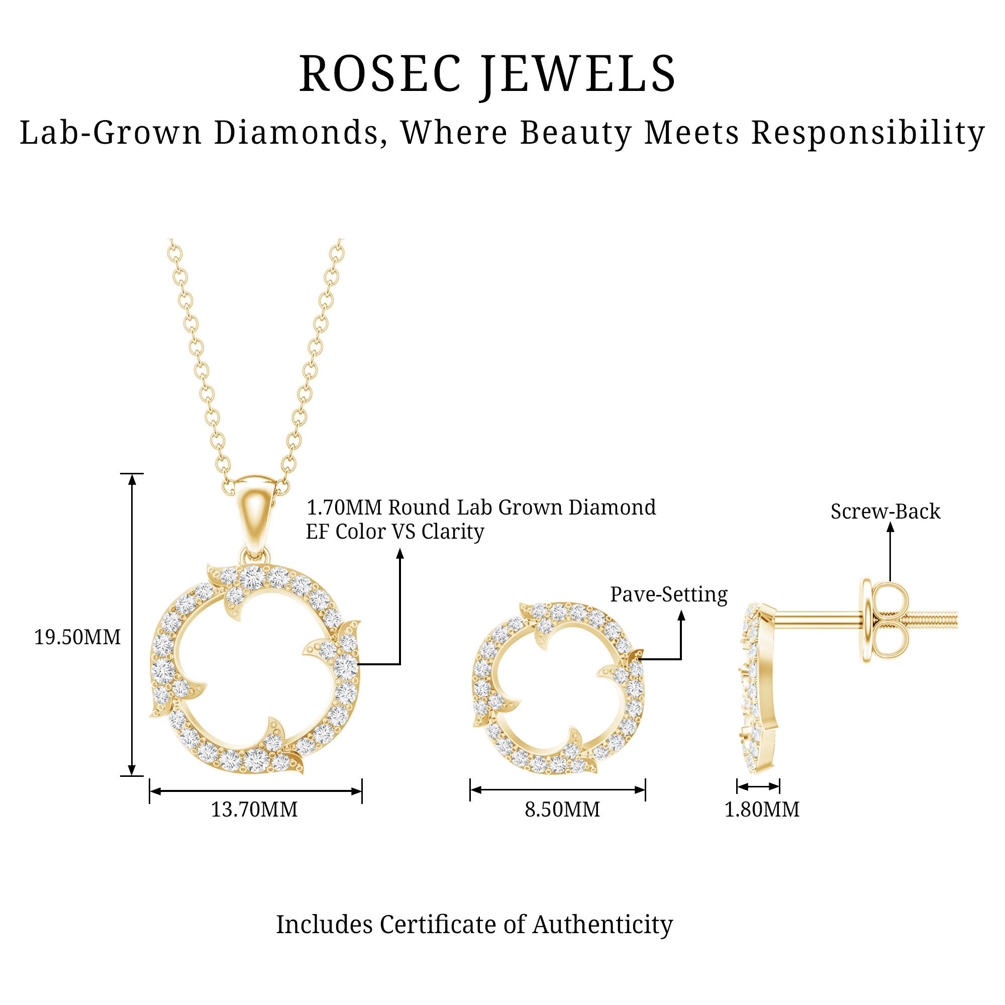 Certified Diamond Circle Necklace Earrings Set Lab - ( EF-VS ) - Rosec Jewels