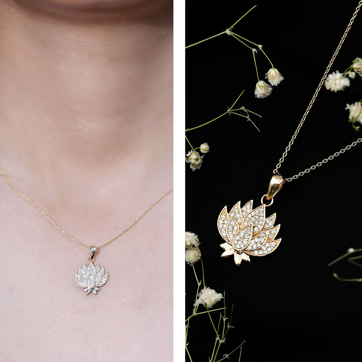 Diamond Designer Lotus Flower Necklace Lab - ( EF-VS ) - Rosec Jewels