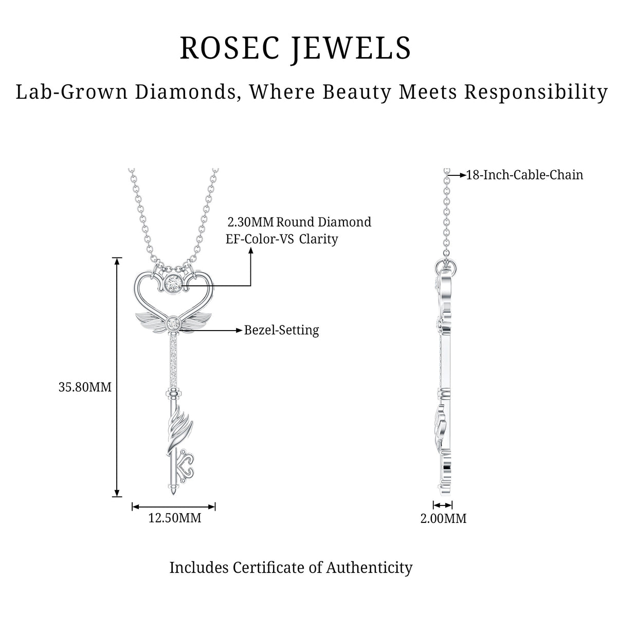 Diamond Key Necklace with Angel Wings Lab - ( EF-VS ) - Rosec Jewels