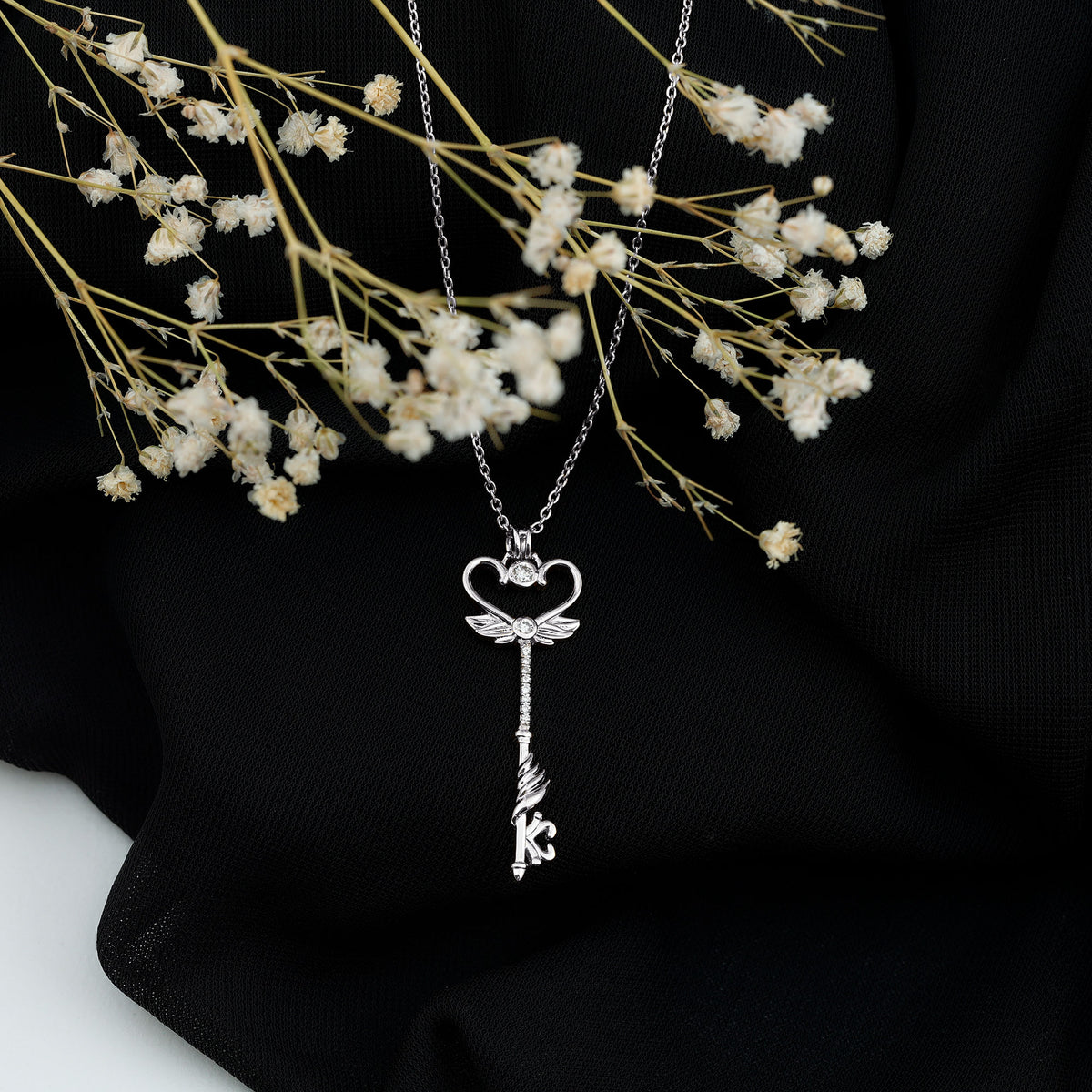 Diamond Key Necklace with Angel Wings Lab - ( EF-VS ) - Rosec Jewels