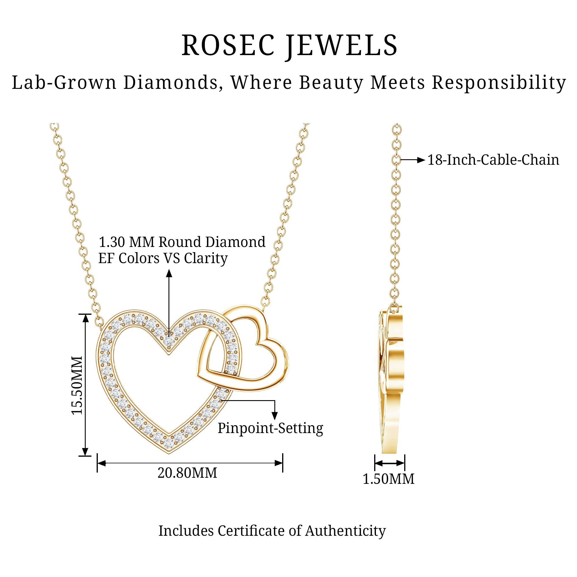 Diamond 2 Heart Promise Necklace Lab - ( EF-VS ) - Rosec Jewels