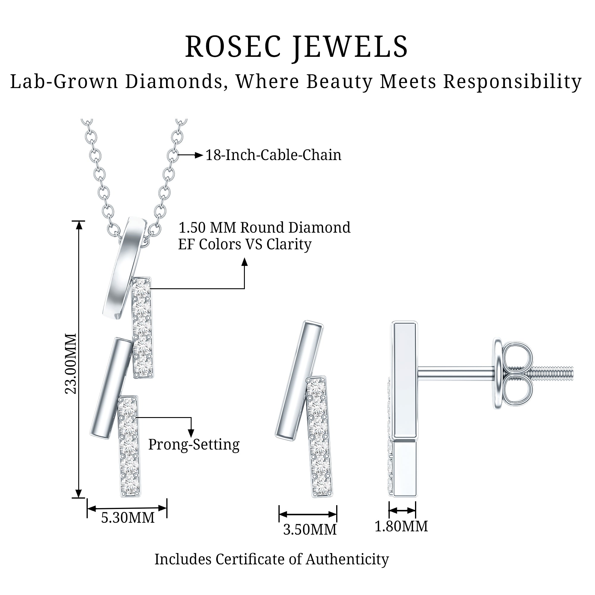 Certified Diamond Bar Dangle Necklace Earrings Set Lab - ( EF-VS ) - Rosec Jewels