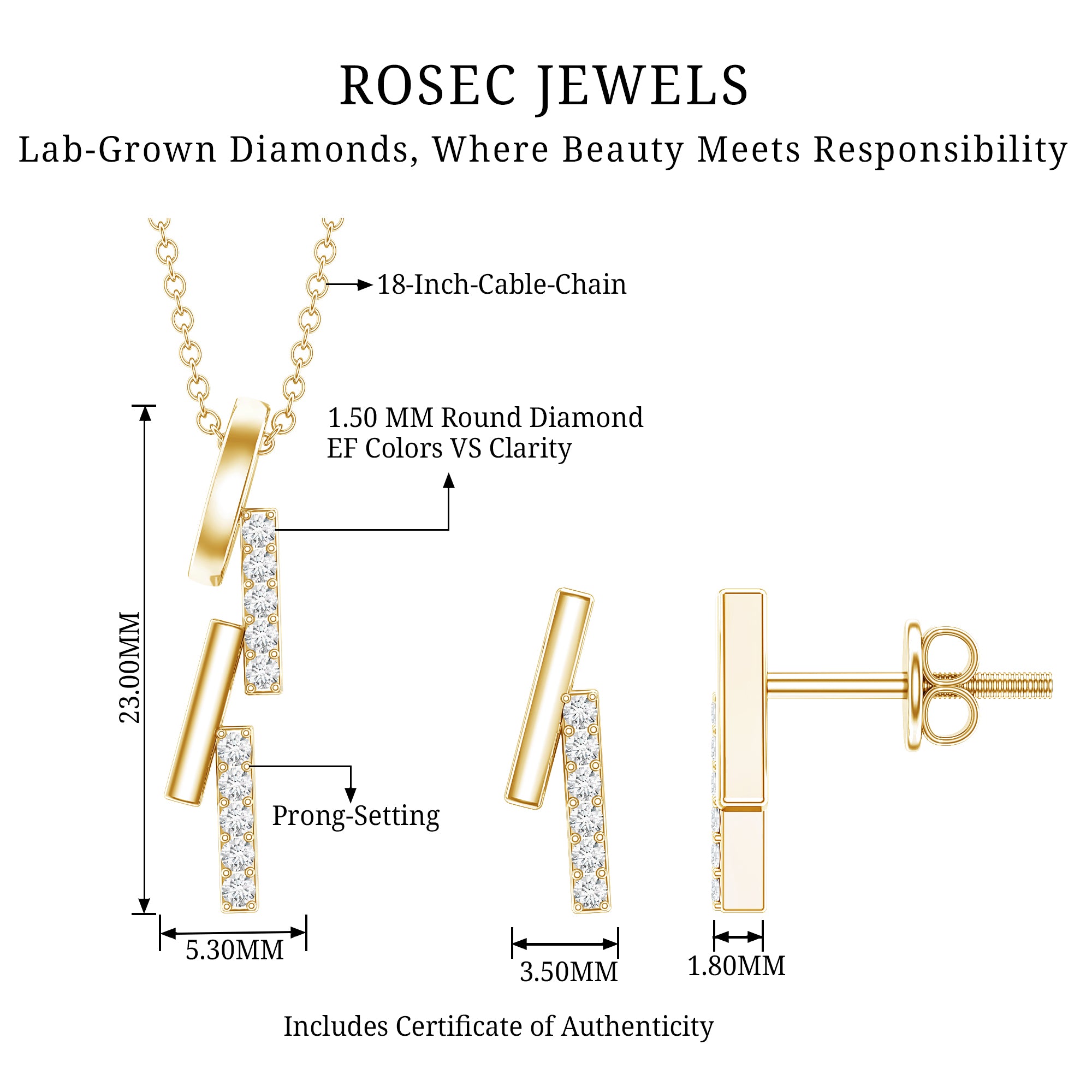 Certified Diamond Bar Dangle Necklace Earrings Set Lab - ( EF-VS ) - Rosec Jewels