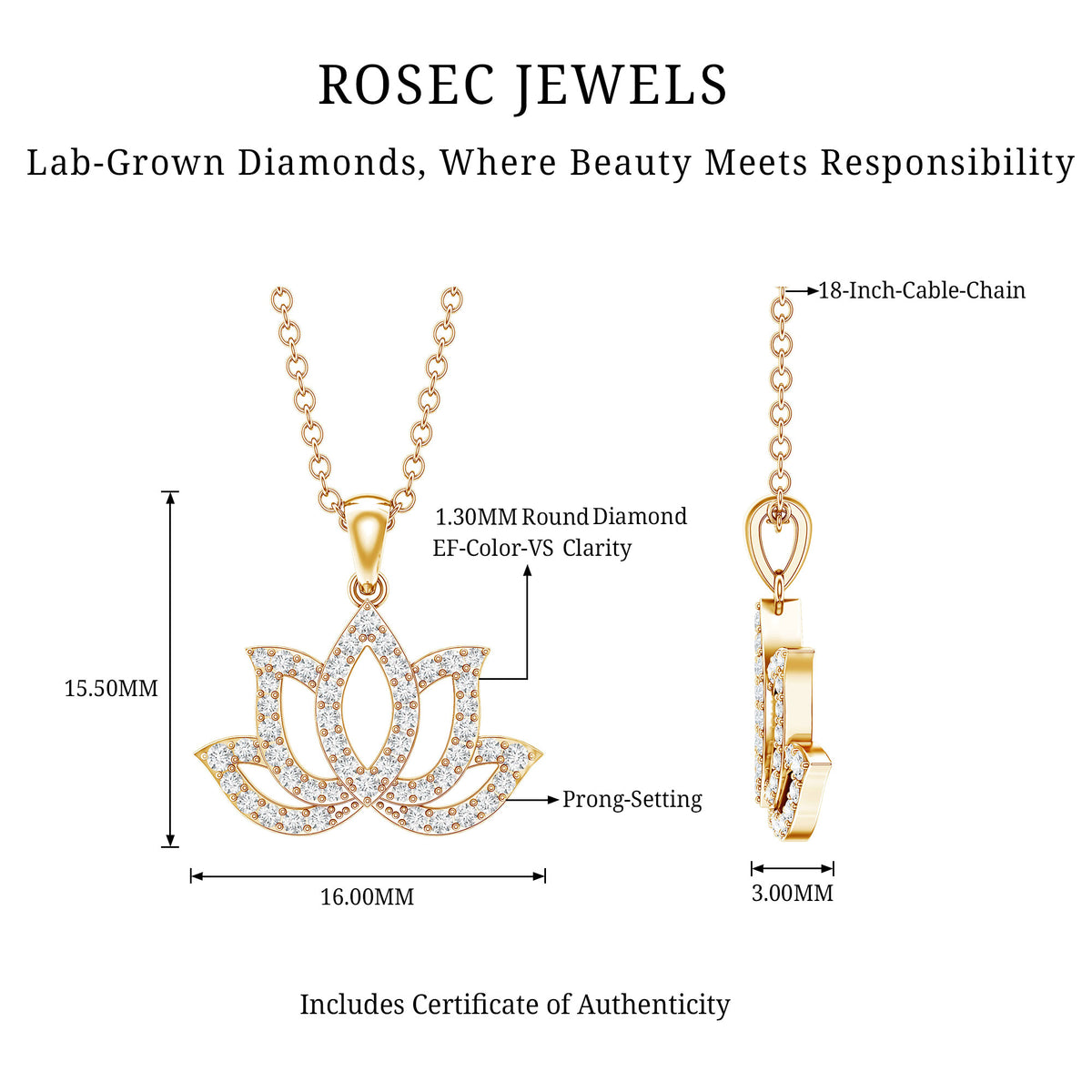 Diamond Lotus Flower Necklace in Pave Setting Lab - ( EF-VS ) - Rosec Jewels