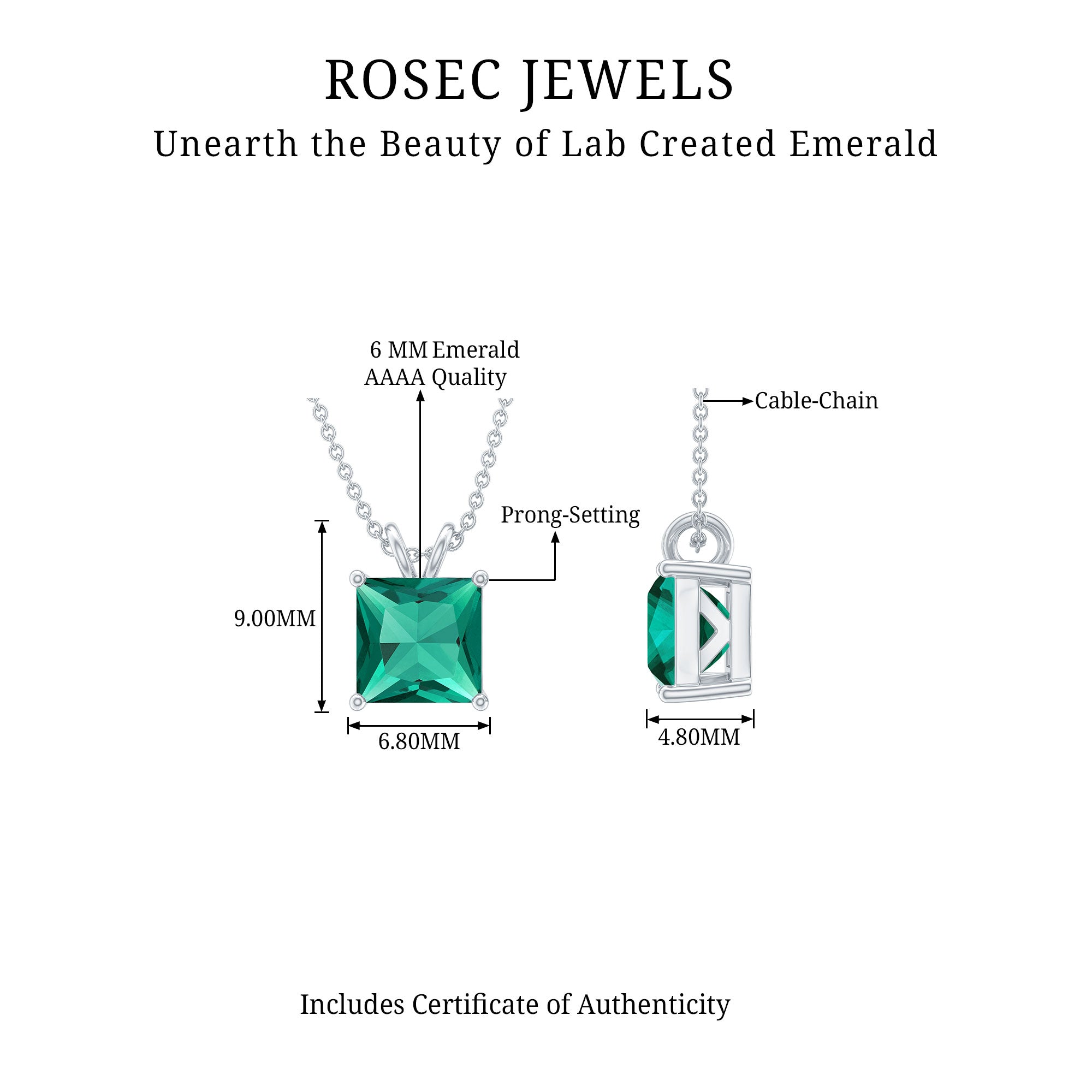 1.2 CT Princess Cut Created Emerald Solitaire Pendant for Women Lab Created Emerald - ( AAAA ) - Quality - Rosec Jewels