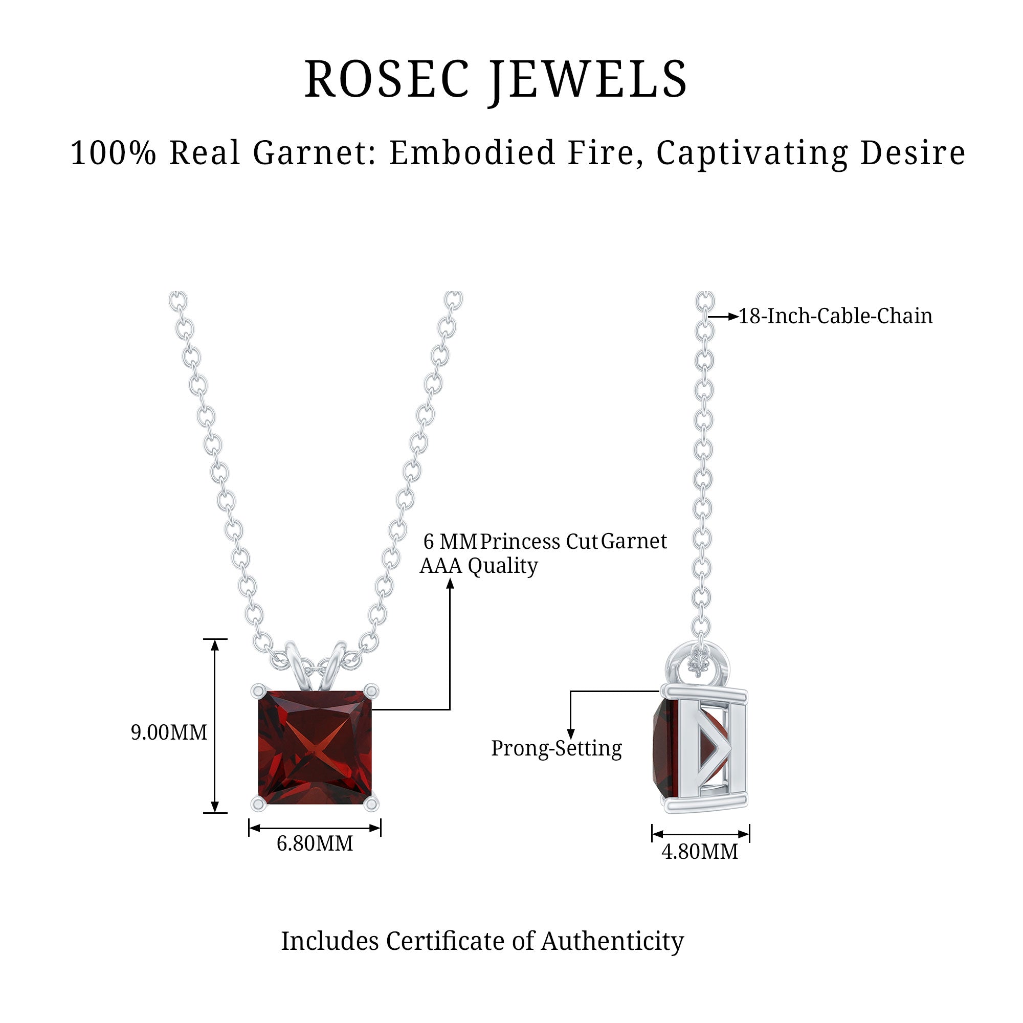 Solitaire 1.4 Carat Garnet Princess Cut Pendant Necklace with Chain AAA 92.5 Sterling Silver - Rosec Jewels
