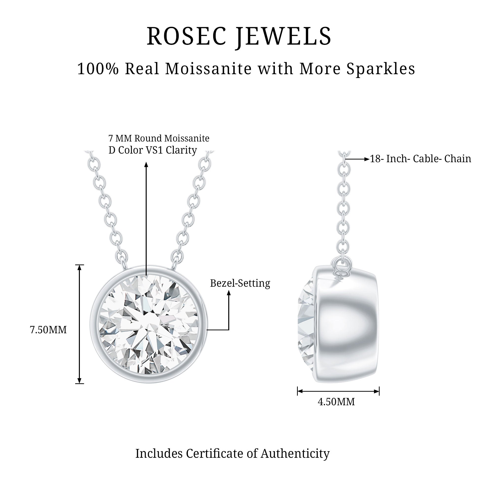 Bezel Set 1.36 Carat Round Moissanite Necklace in Silver D-VS1 92.5 Sterling Silver - Rosec Jewels