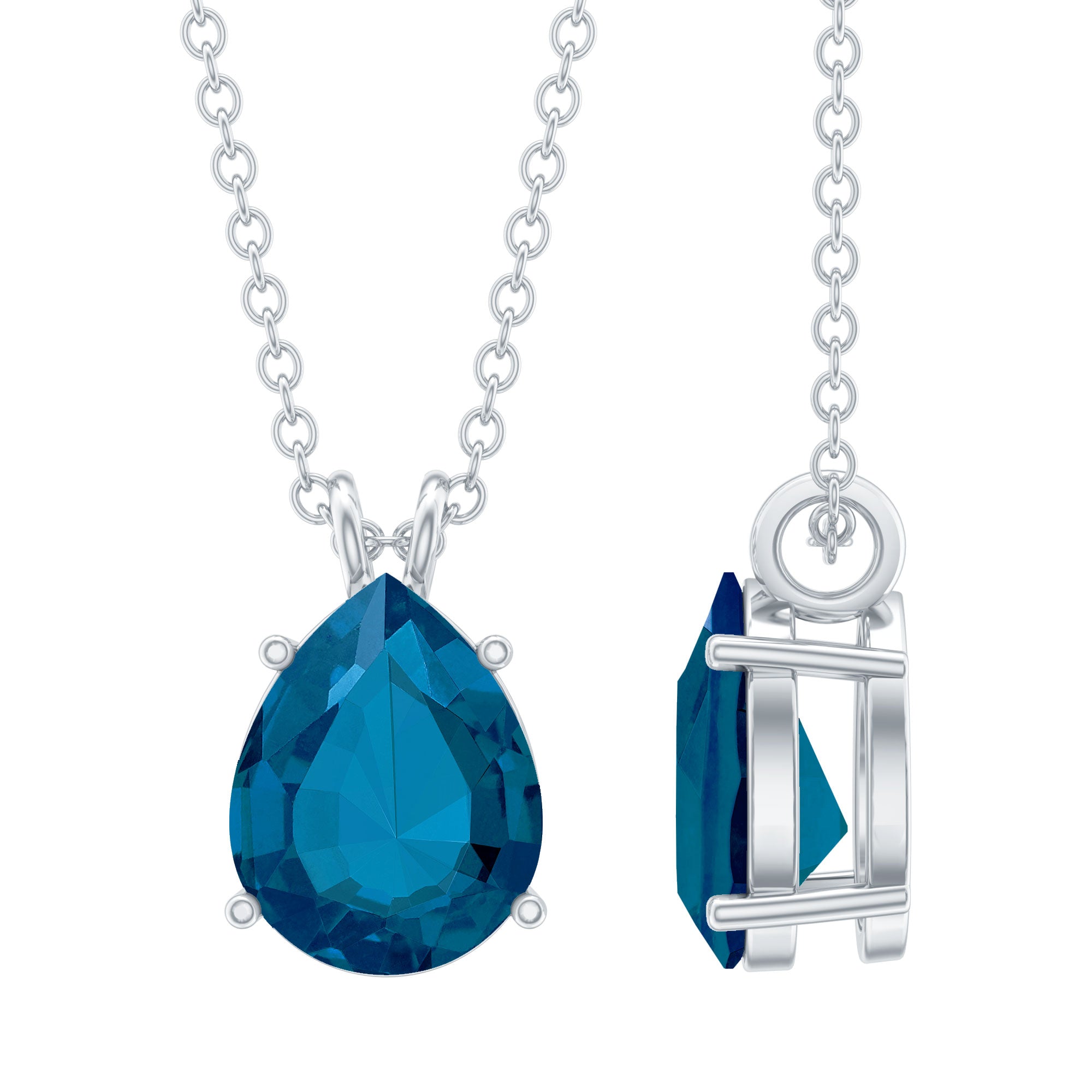 7X10MM London Blue Topaz Solitaire Teardrop Necklace With Chain