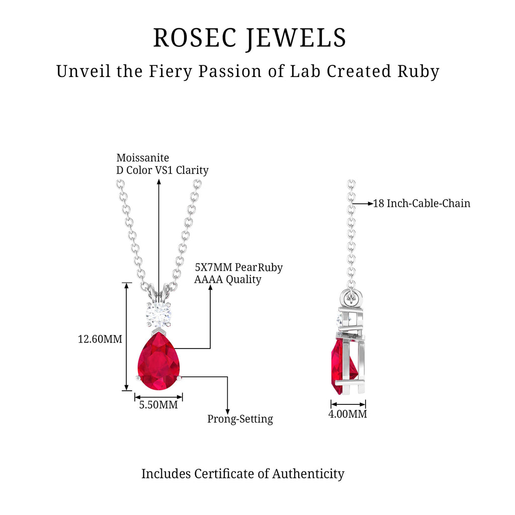 Pear Shape Lab Grown Ruby Solitaire Pendant with Moissanite Lab Created Ruby - ( AAAA ) - Quality - Rosec Jewels