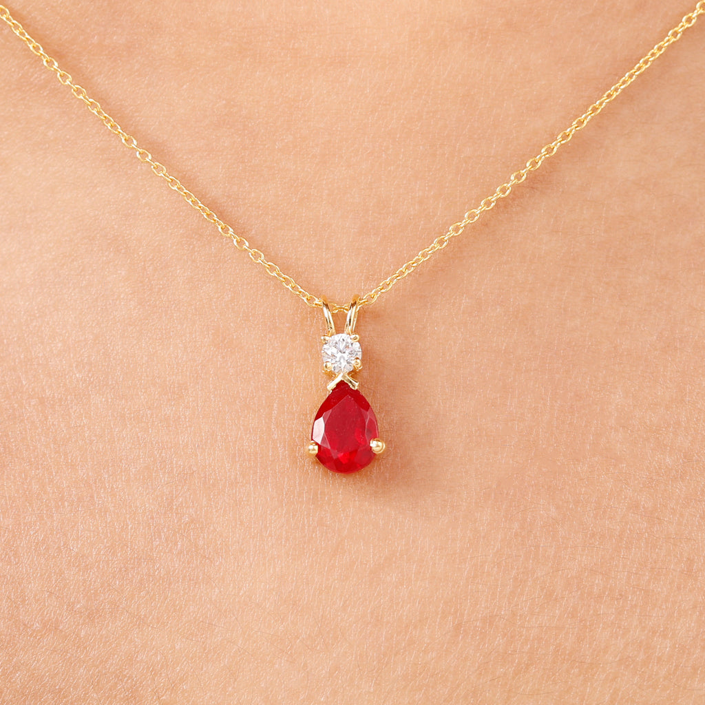 Pear Shape Lab Grown Ruby Solitaire Pendant with Moissanite Lab Created Ruby - ( AAAA ) - Quality - Rosec Jewels