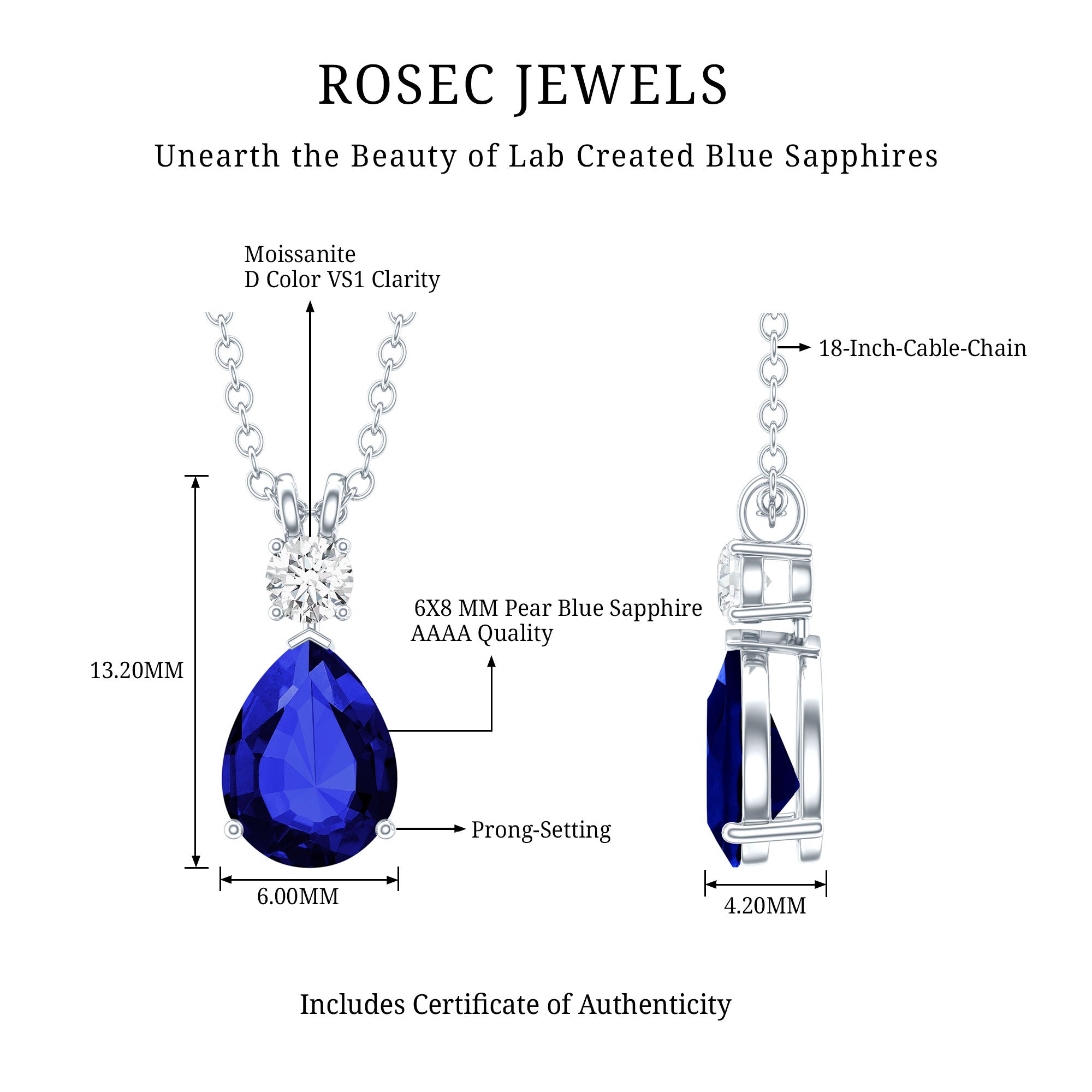 Certified 1.6 Carat Lab Grown Blue Sapphire Teardrop Necklace with Silver Chain AAAA 92.5 Sterling Silver - Rosec Jewels