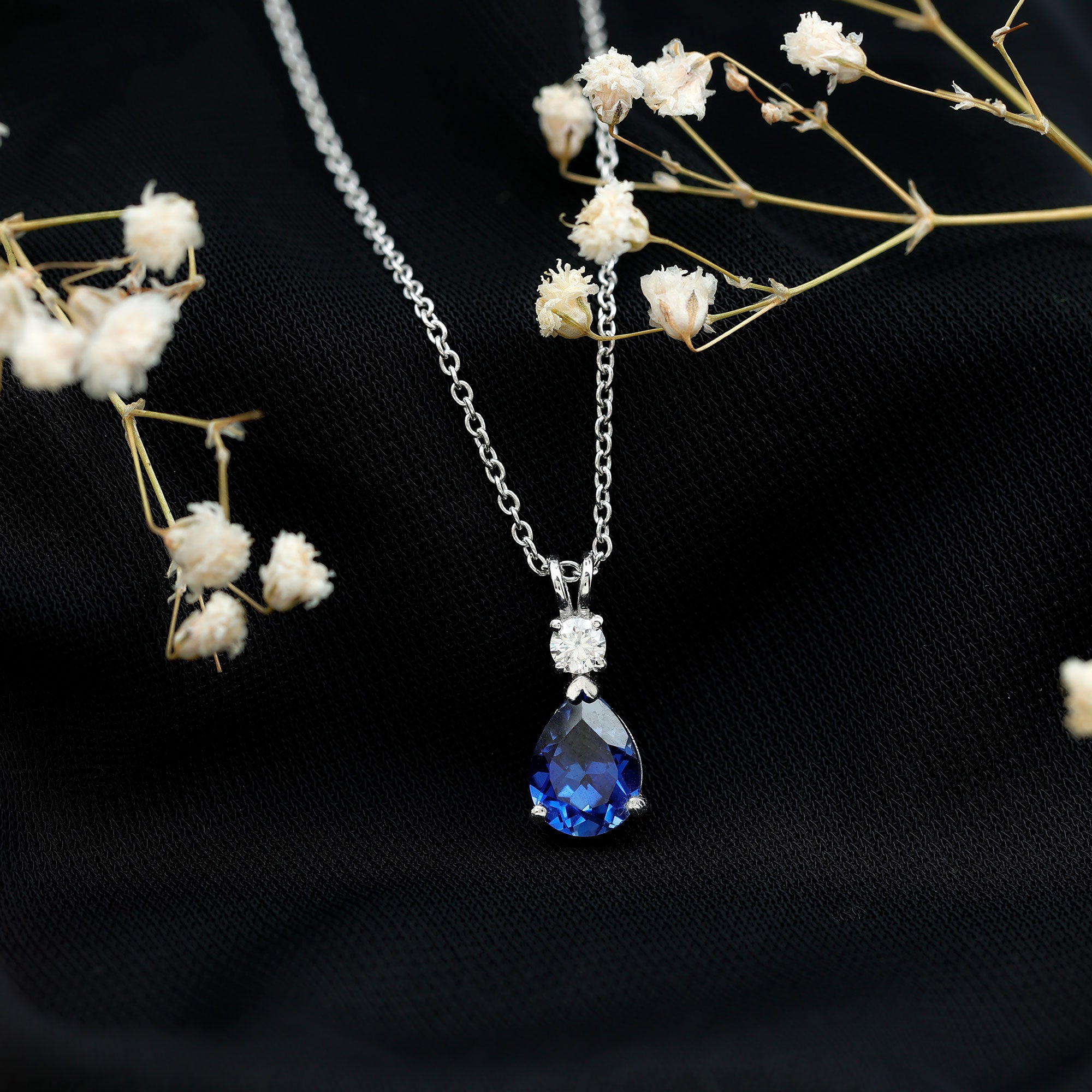 Certified 1.6 Carat Lab Grown Blue Sapphire Teardrop Necklace with Silver Chain AAAA 92.5 Sterling Silver - Rosec Jewels