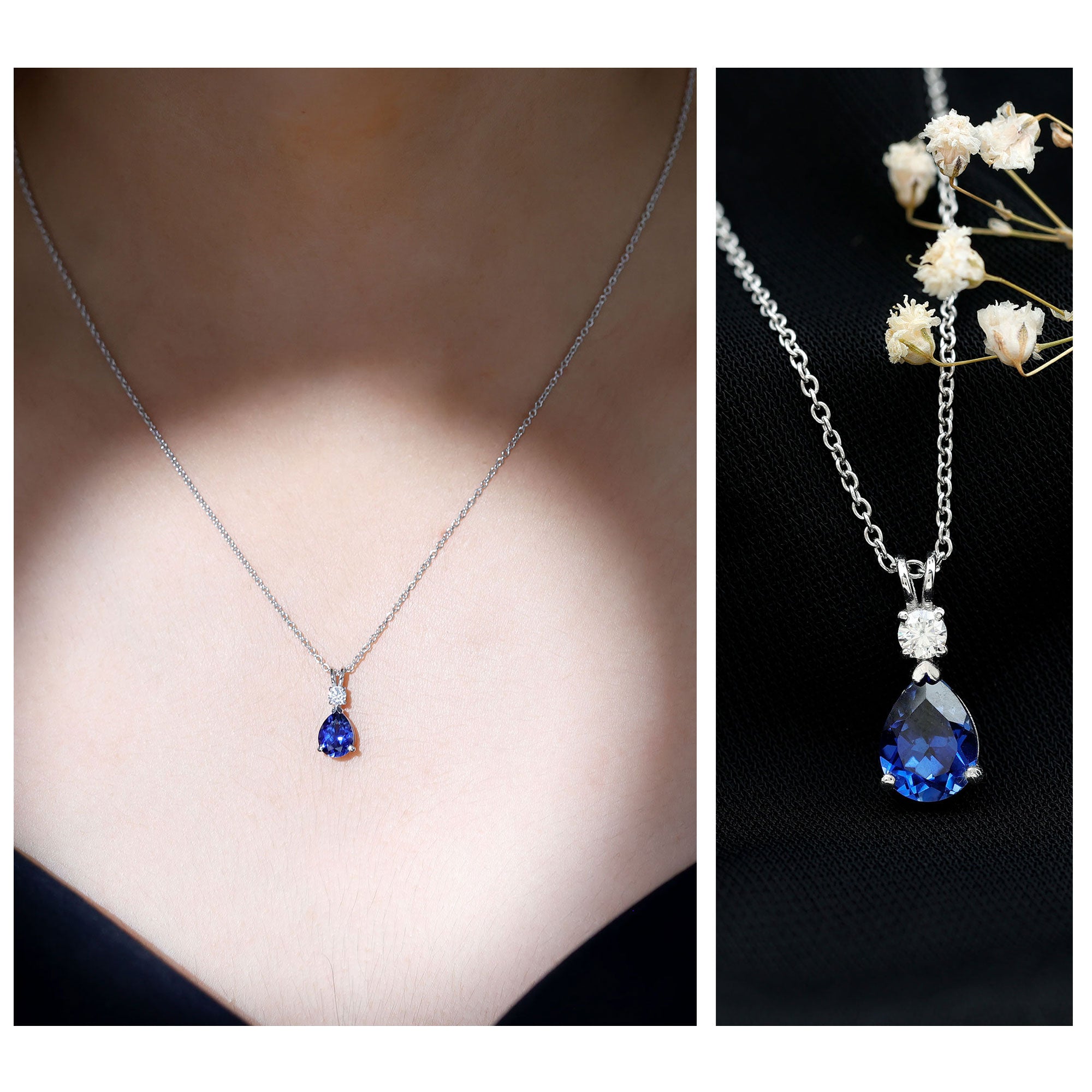 Certified 1.6 Carat Lab Grown Blue Sapphire Teardrop Necklace with Silver Chain AAAA 92.5 Sterling Silver - Rosec Jewels