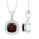 Natural 3 Carat Garnet Halo Necklace with Silver Chain AAA 92.5 Sterling Silver - Rosec Jewels