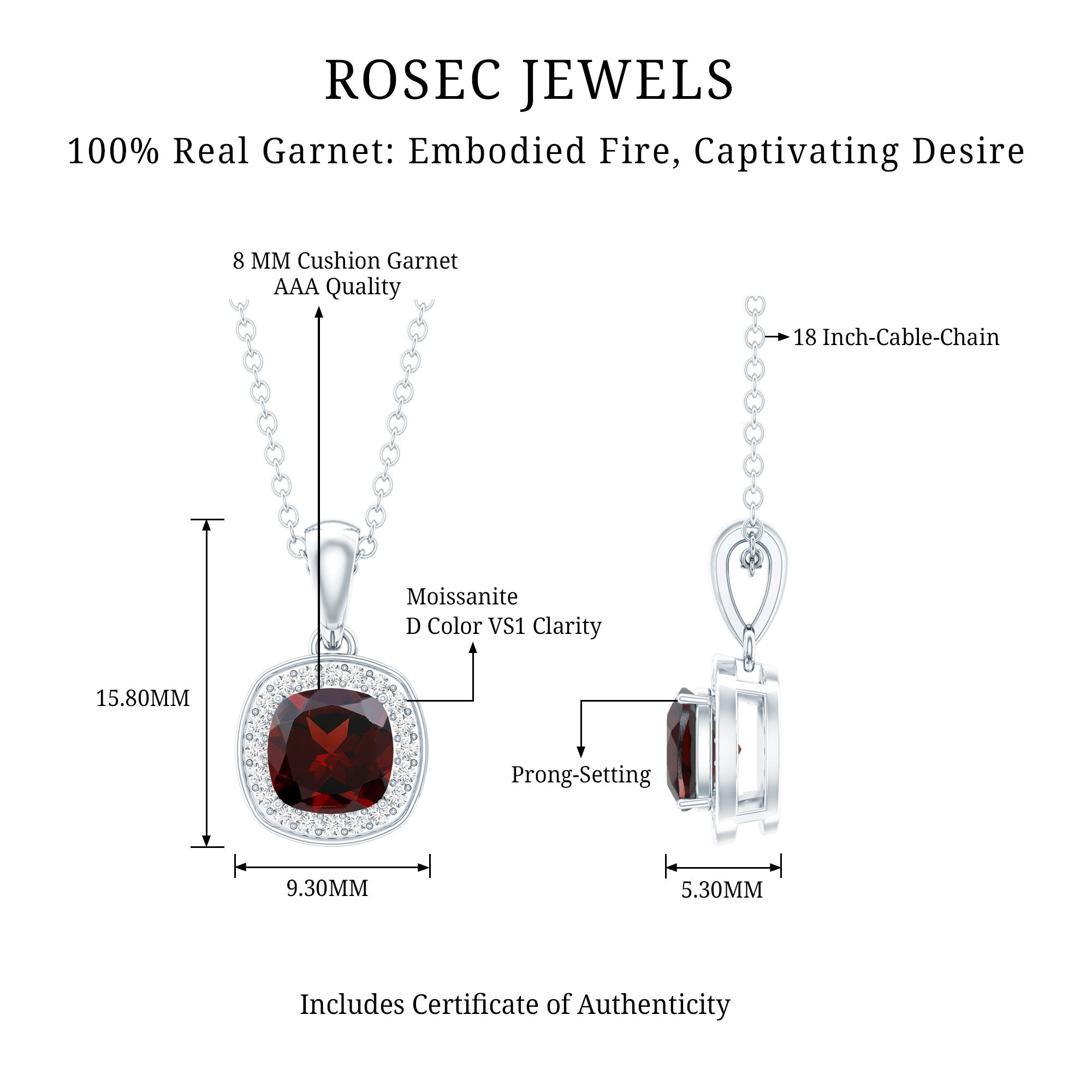 Natural 3 Carat Garnet Halo Necklace with Silver Chain AAA 92.5 Sterling Silver - Rosec Jewels