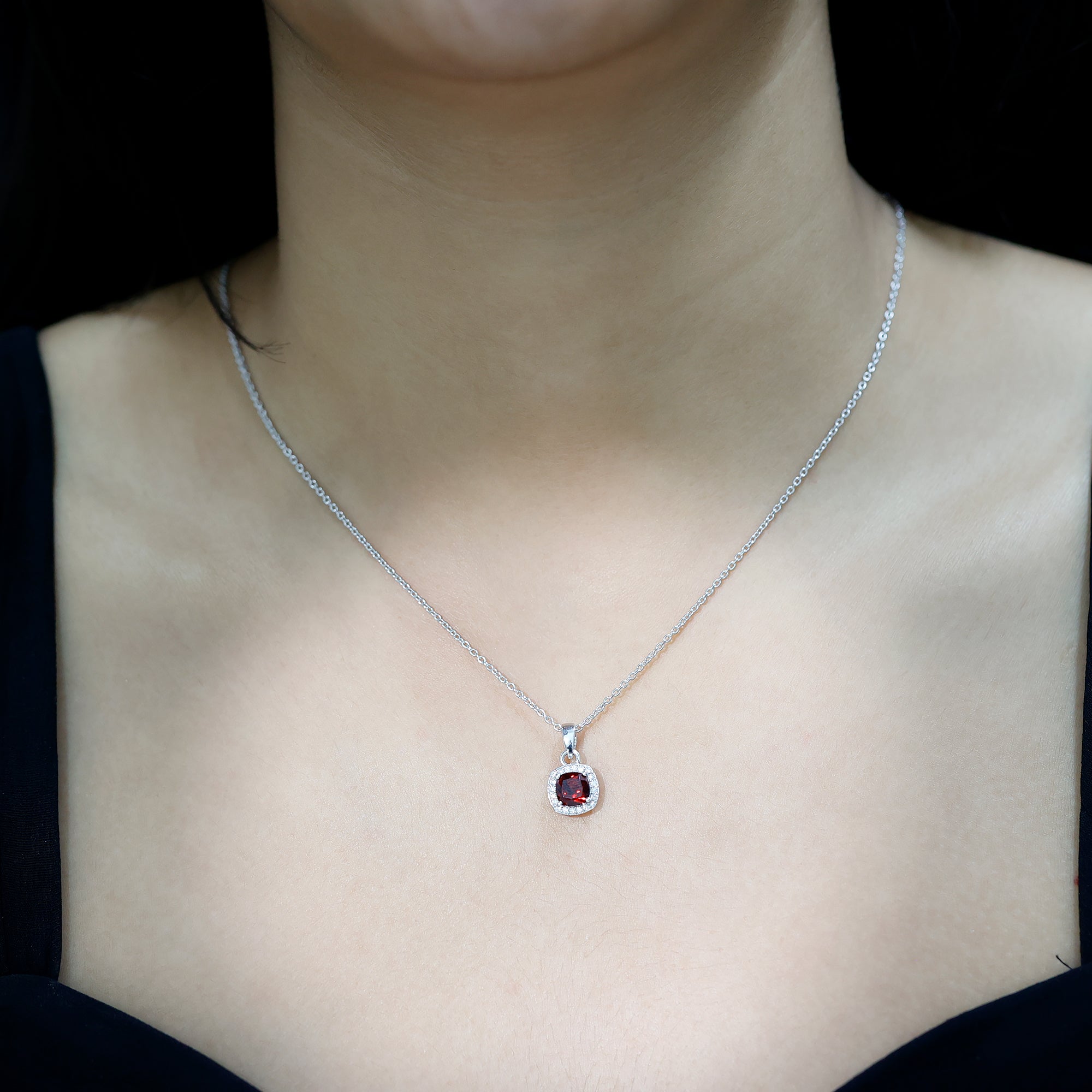 Natural 3 Carat Garnet Halo Necklace with Silver Chain AAA 92.5 Sterling Silver - Rosec Jewels