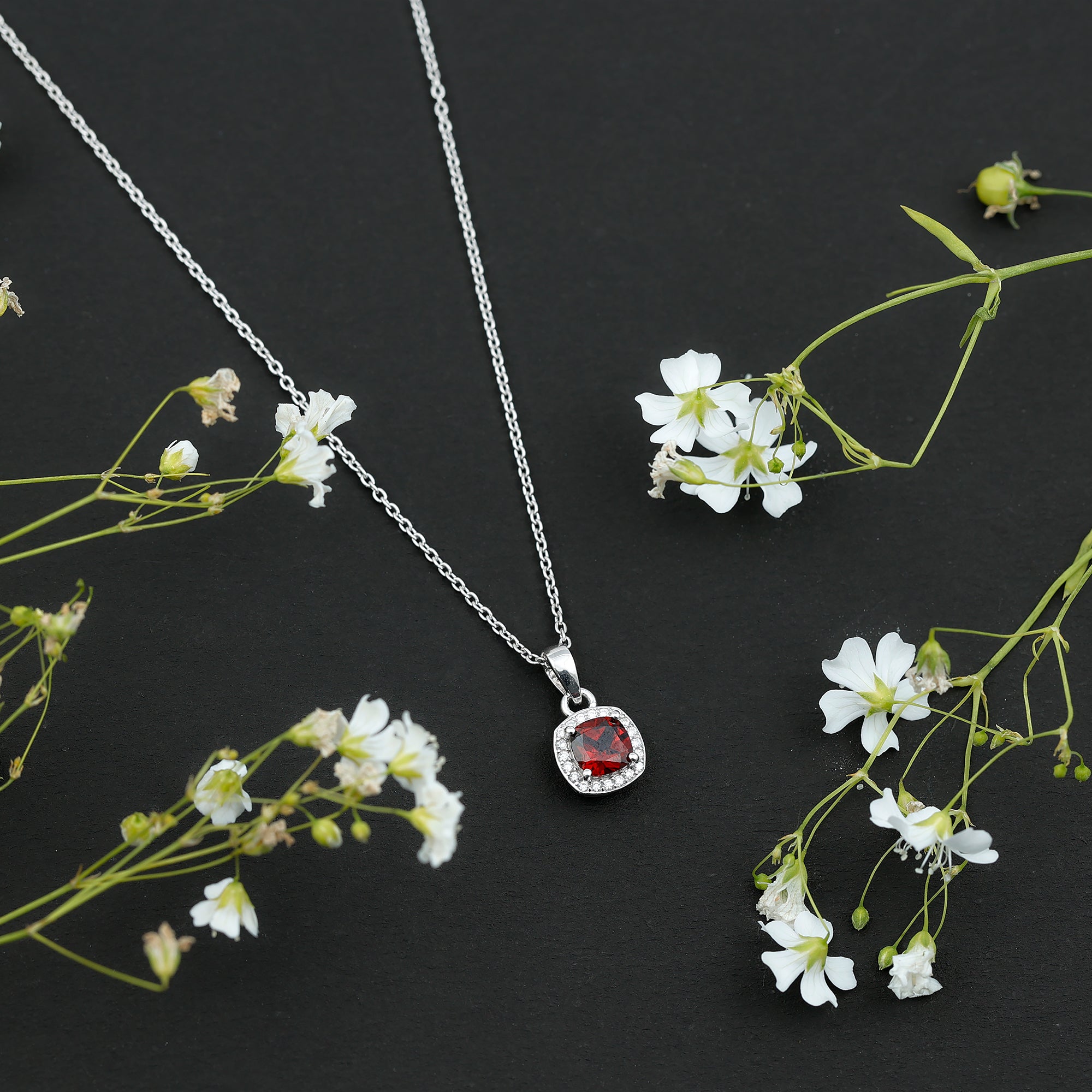 Natural 3 Carat Garnet Halo Necklace with Silver Chain AAA 92.5 Sterling Silver - Rosec Jewels
