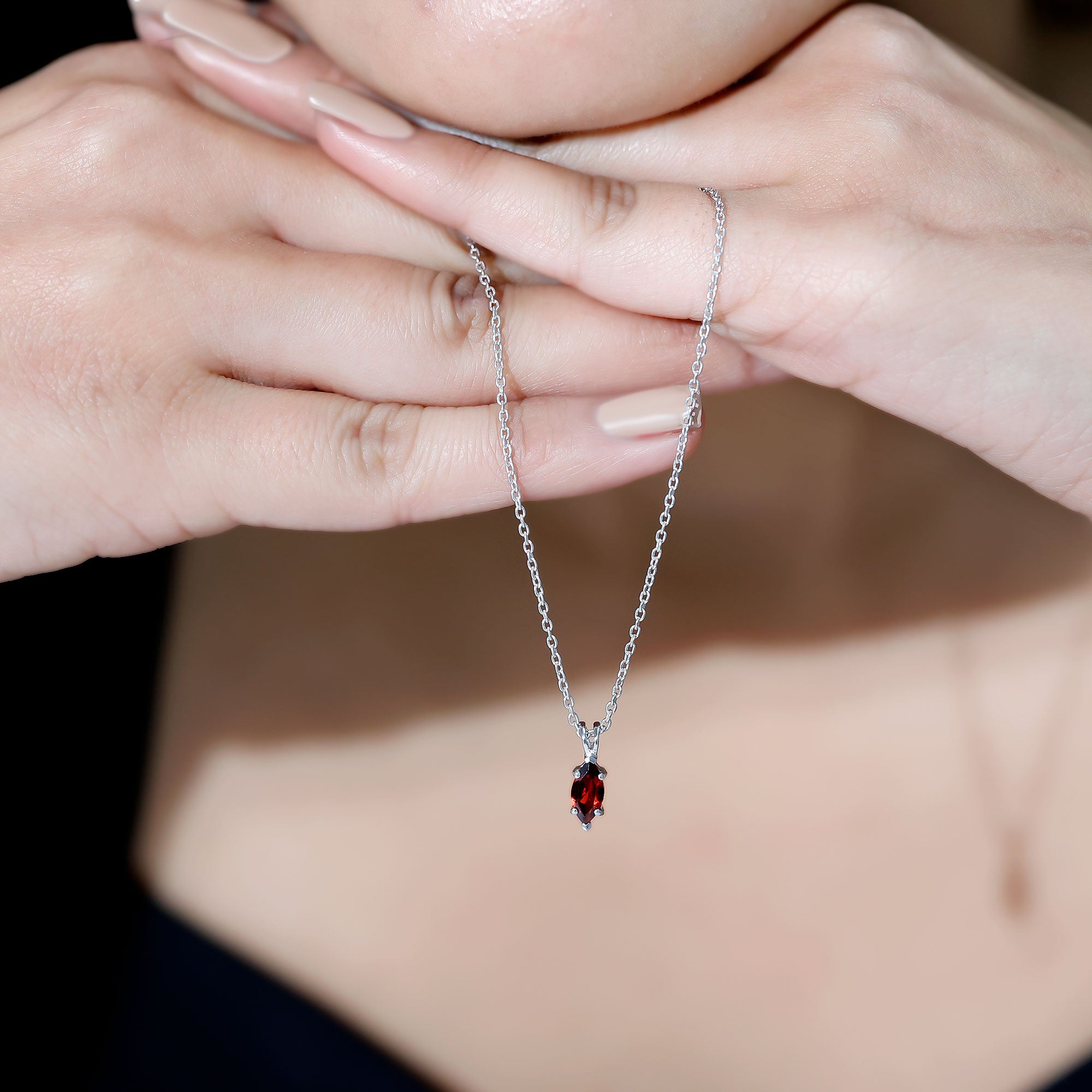 Real 0.75 Carat Garnet Marquise Necklace with Chain AAA 92.5 Sterling Silver - Rosec Jewels