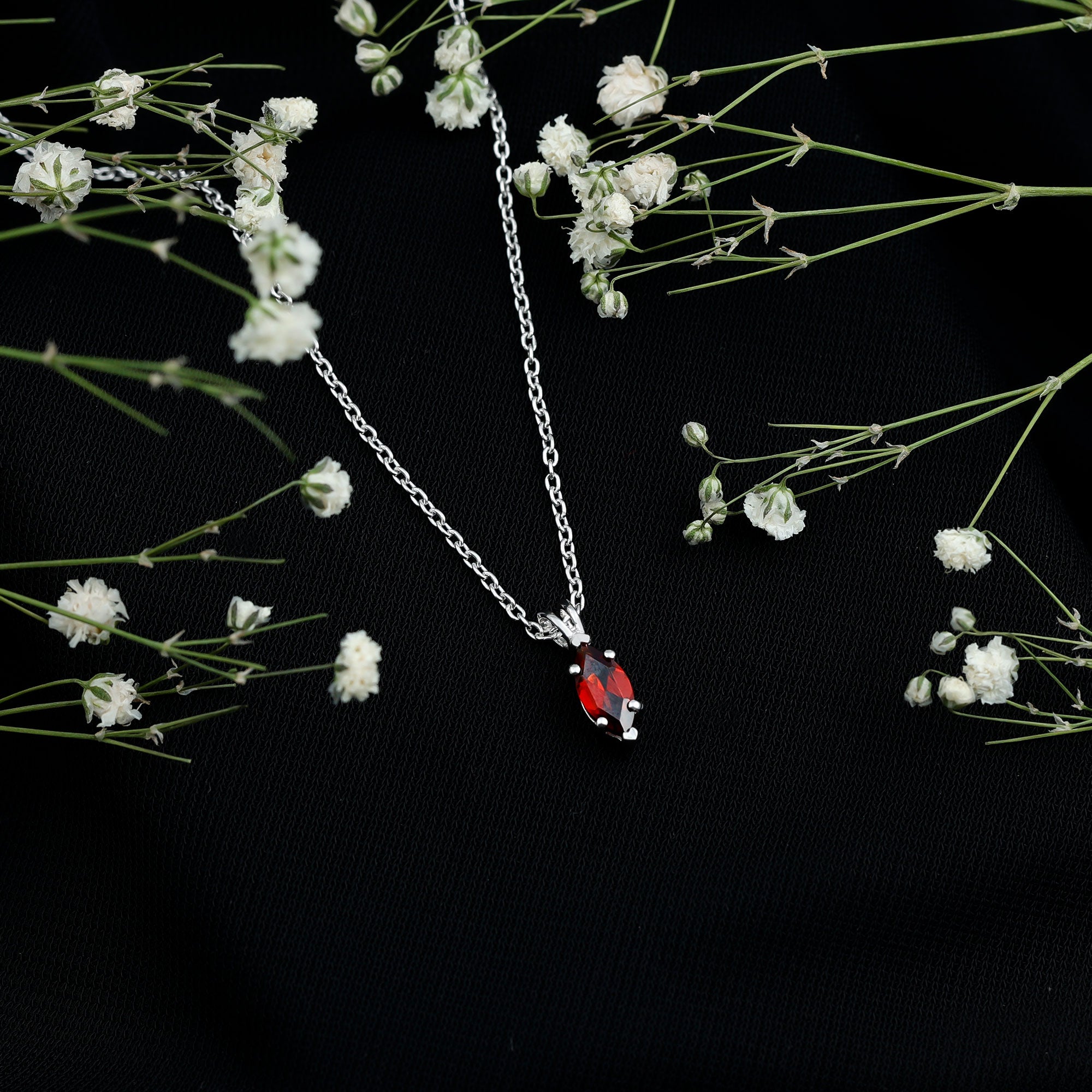 Real 0.75 Carat Garnet Marquise Necklace with Chain AAA 92.5 Sterling Silver - Rosec Jewels