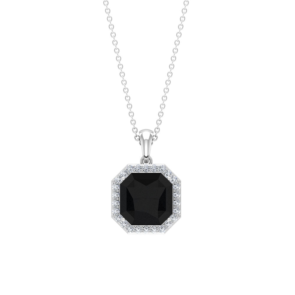 Asscher Cut Black Spinel Halo Pendant with Diamond Black Spinel - ( AAA ) - Quality - Rosec Jewels