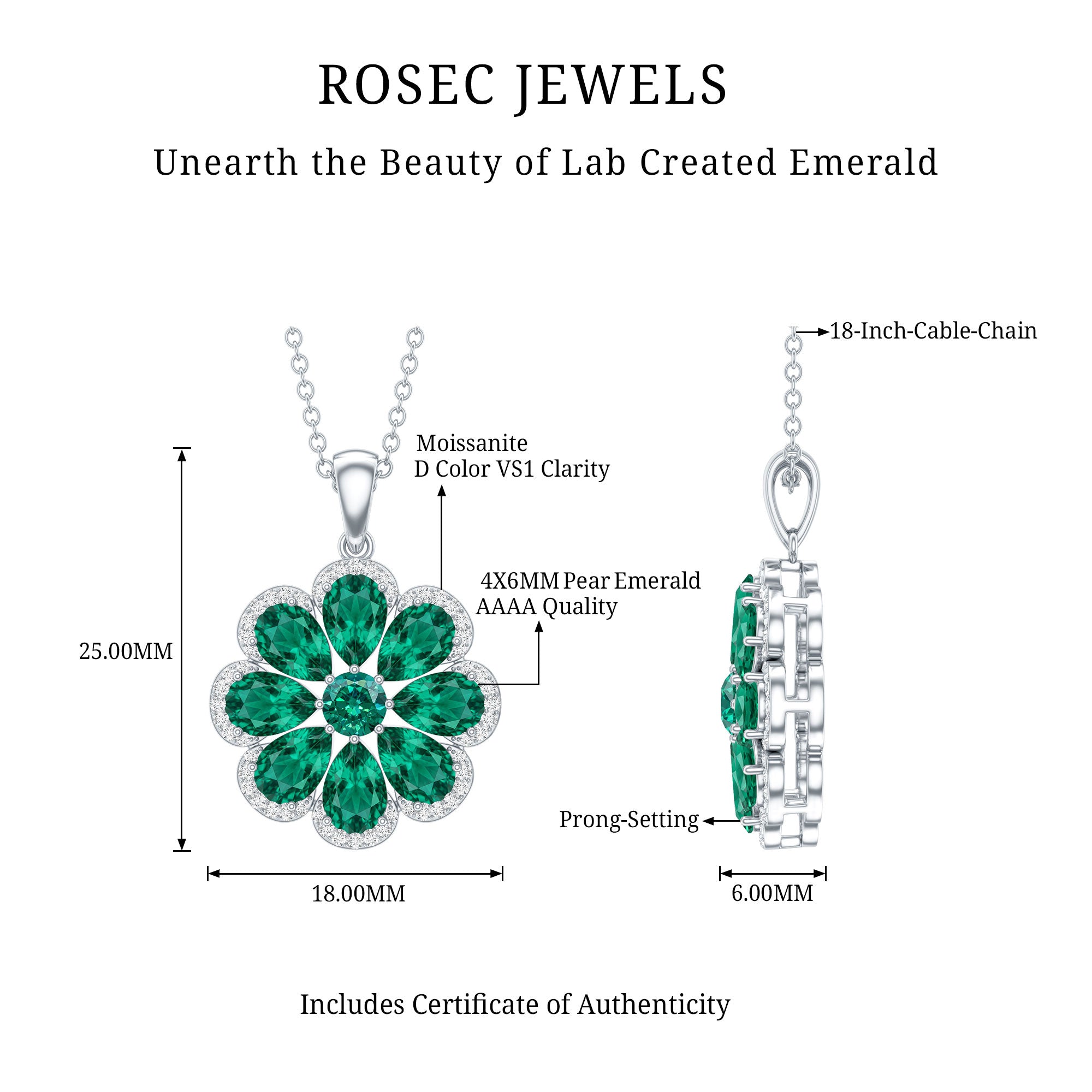 Womens Lab Grown Emerald Flower Necklace with Chain – Rosec Jewels