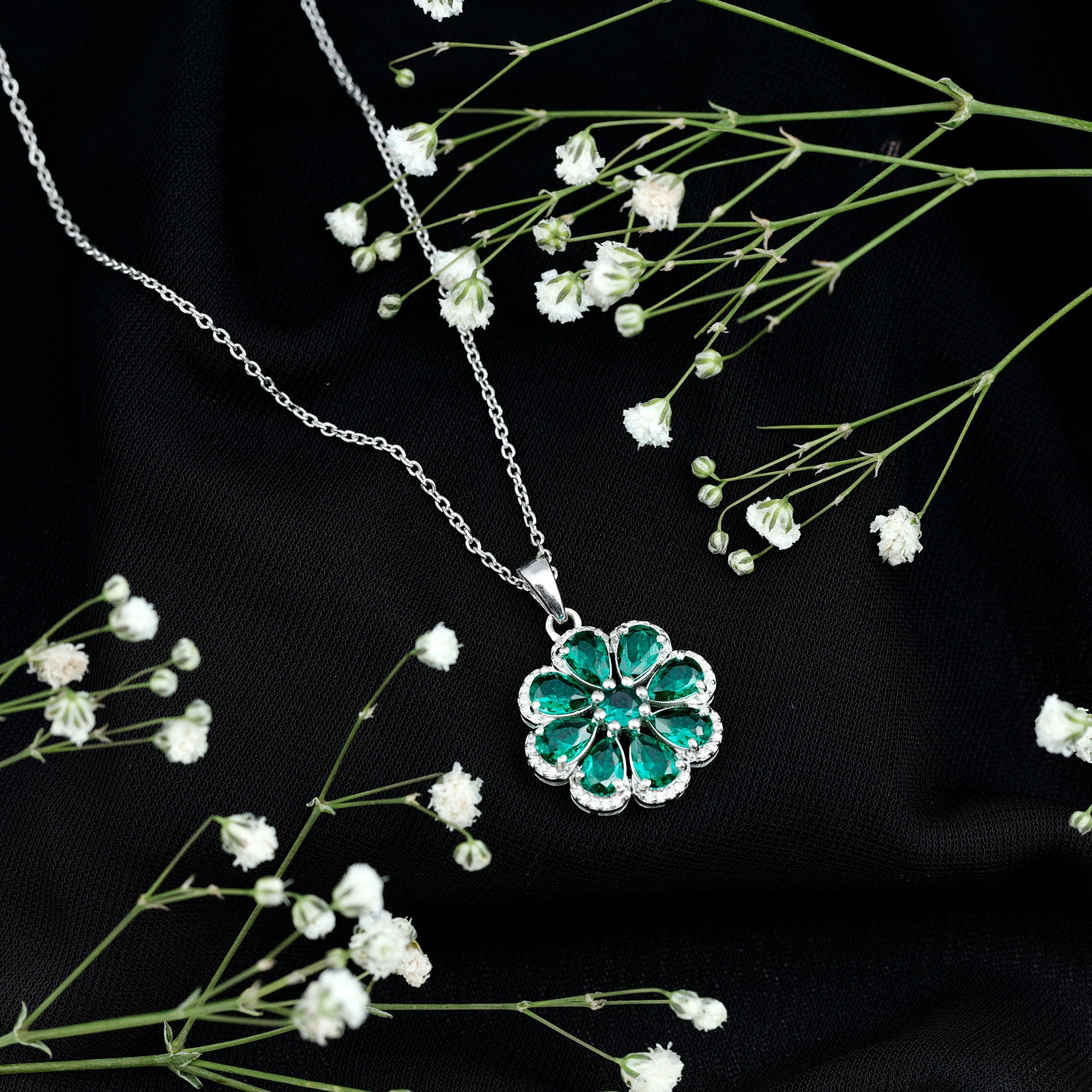 Womens Lab Grown Emerald Flower Necklace with Chain – Rosec Jewels