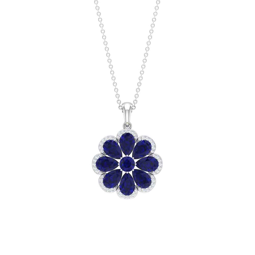 Rosec Jewels - 4.5 CT Created Blue Sapphire Silver Flower Pendant with Moissanite Halo
