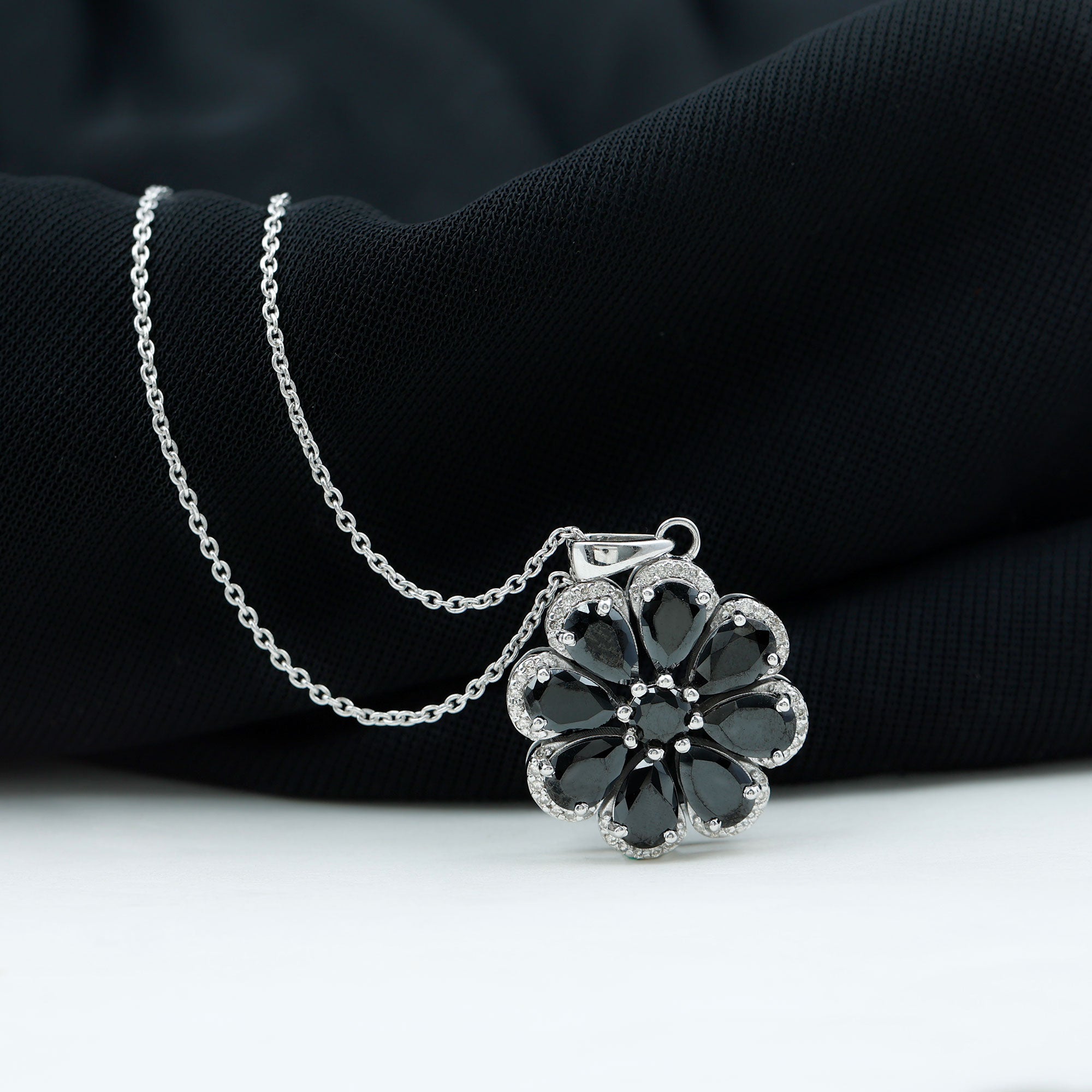 3.25 CT Black Spinel Flower Pendant with Moissanite Halo Black Spinel - ( AAA ) - Quality - Rosec Jewels