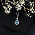 1.75 Carat London Blue Topaz Teardrop Necklace with Moissanite Halo AAA 92.5 Sterling Silver - Rosec Jewels