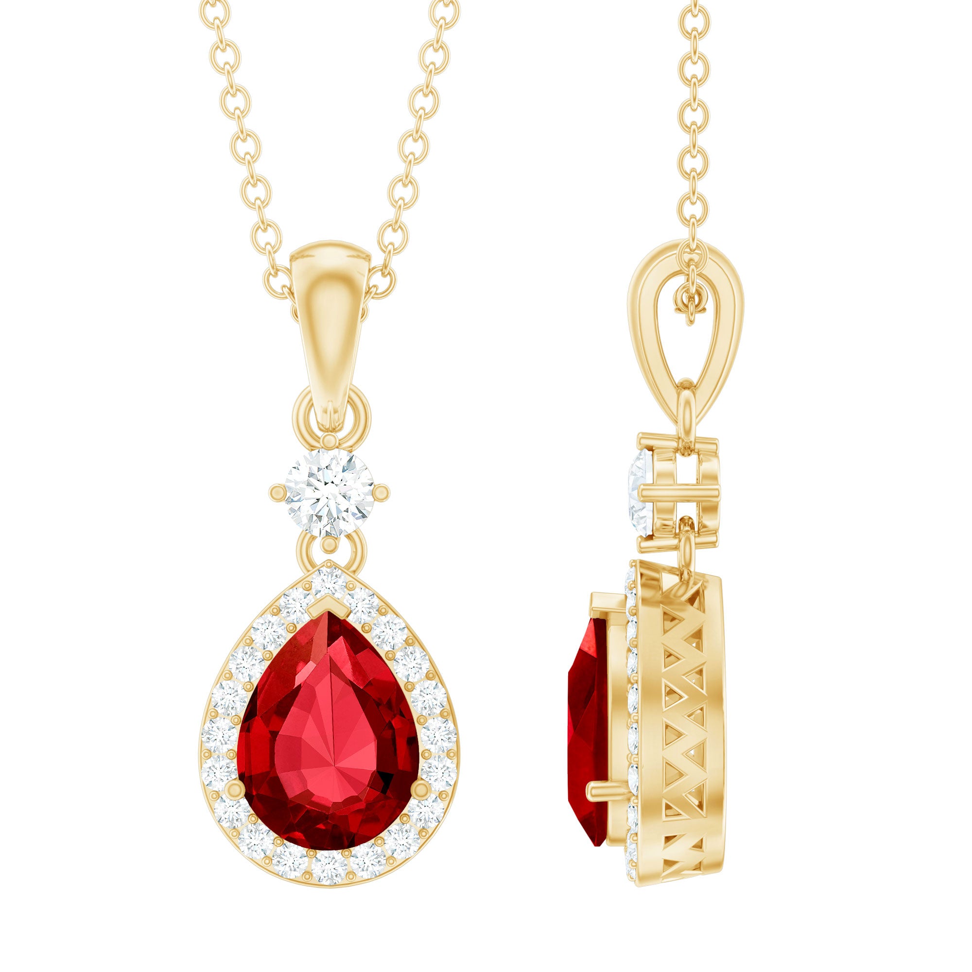 Rosec Jewels-Lab Created Ruby Teardrop Necklace with Moissanite Halo
