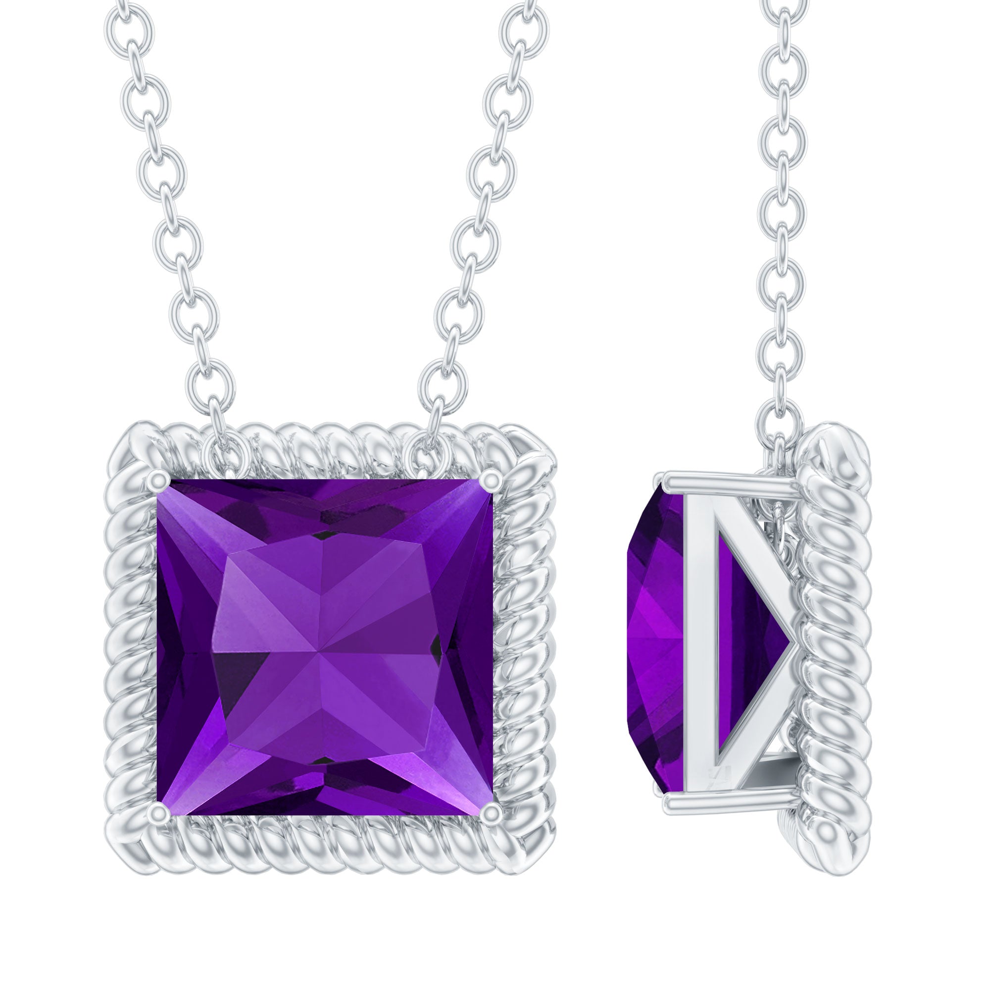 Princess Cut Amethyst Solitaire Necklace with Rope Frame