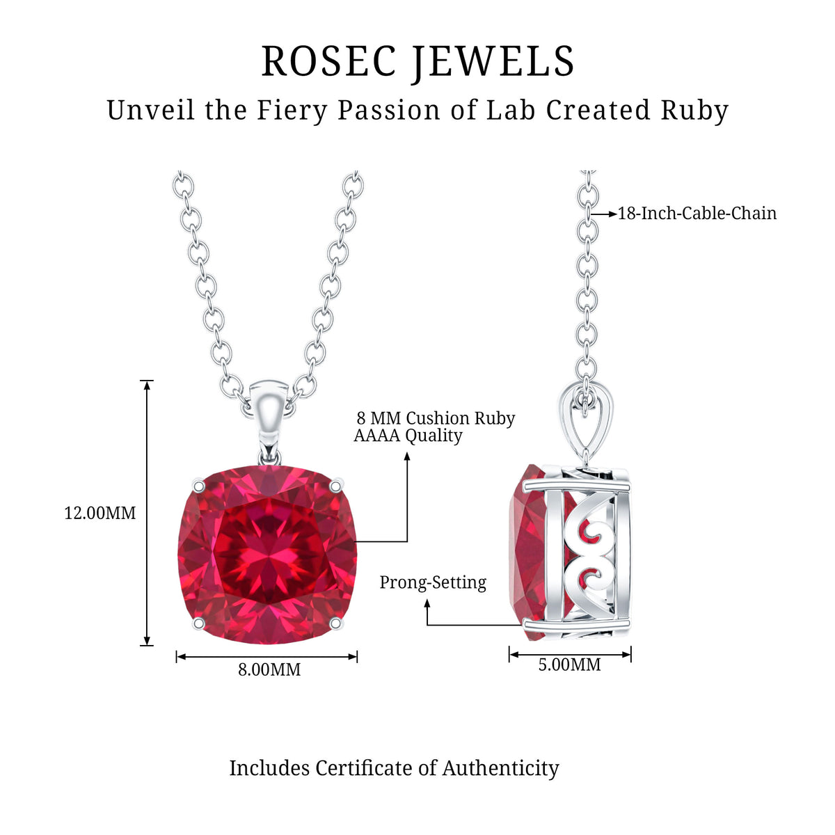 2 Carat Lab Created Ruby Solitaire Necklace With Chain AAAA - Rosec Jewels
