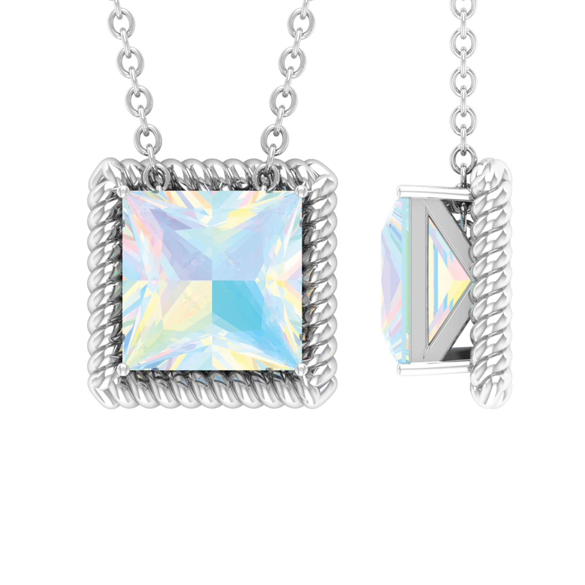 7 MM Princess Cut Ethiopian Opal Solitaire Pendant with Rope Frame Details - Rosec Jewels