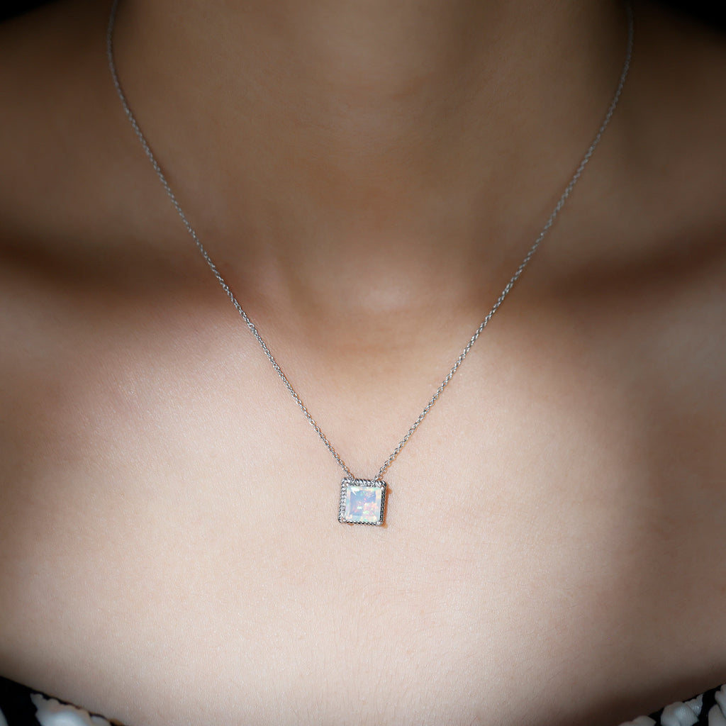 7 MM Princess Cut Ethiopian Opal Solitaire Pendant with Rope Frame Details Ethiopian Opal - ( AAA ) - Quality - Rosec Jewels