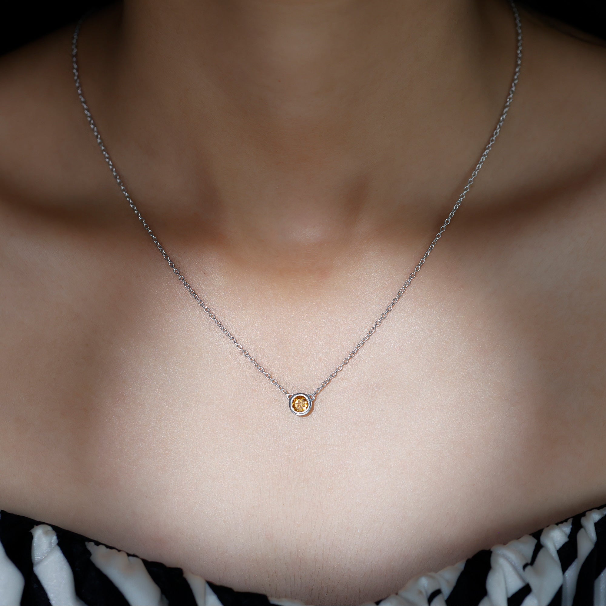 Round Shape Citrine Solitaire Necklace in Bezel Setting Citrine - ( AAA ) - Quality - Rosec Jewels
