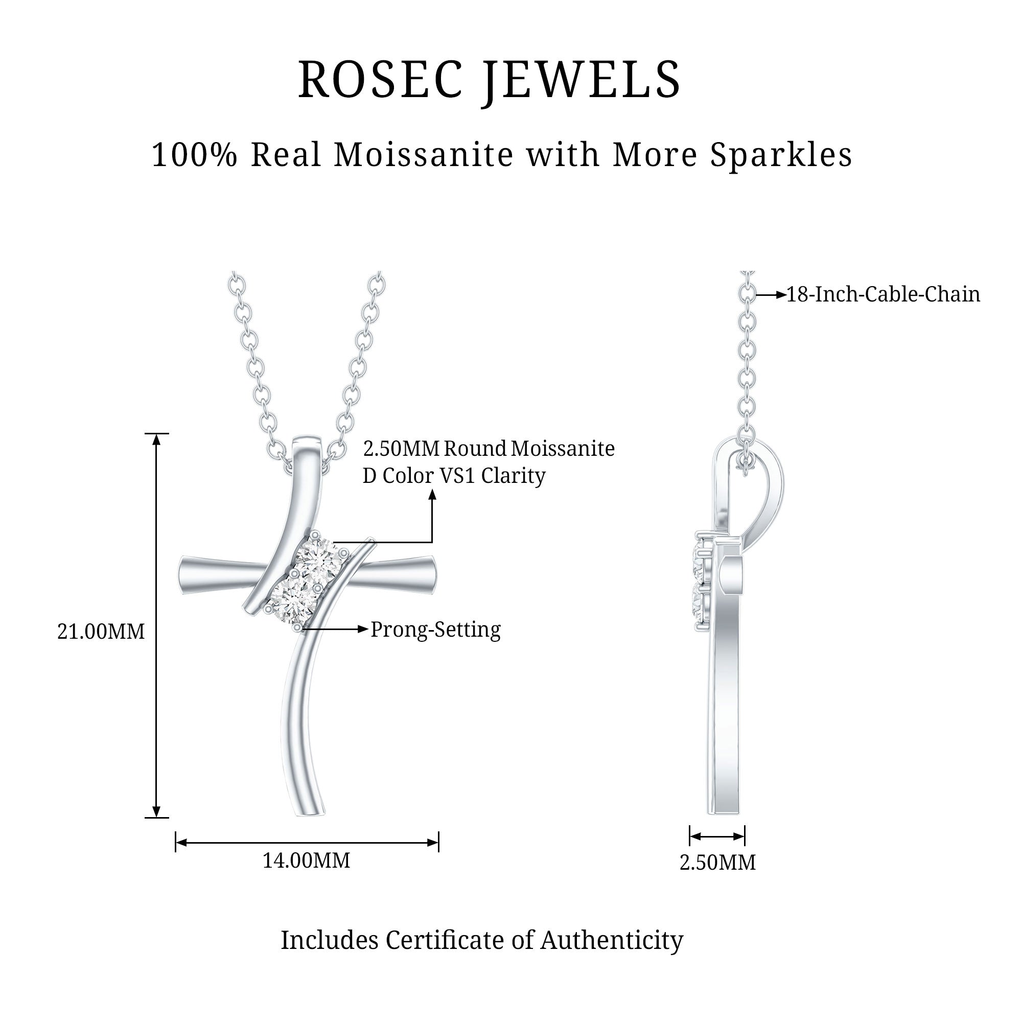 Certified Moissanite Cross Pendant Necklace in sterling Silver D-VS1 92.5 Sterling Silver - Rosec Jewels