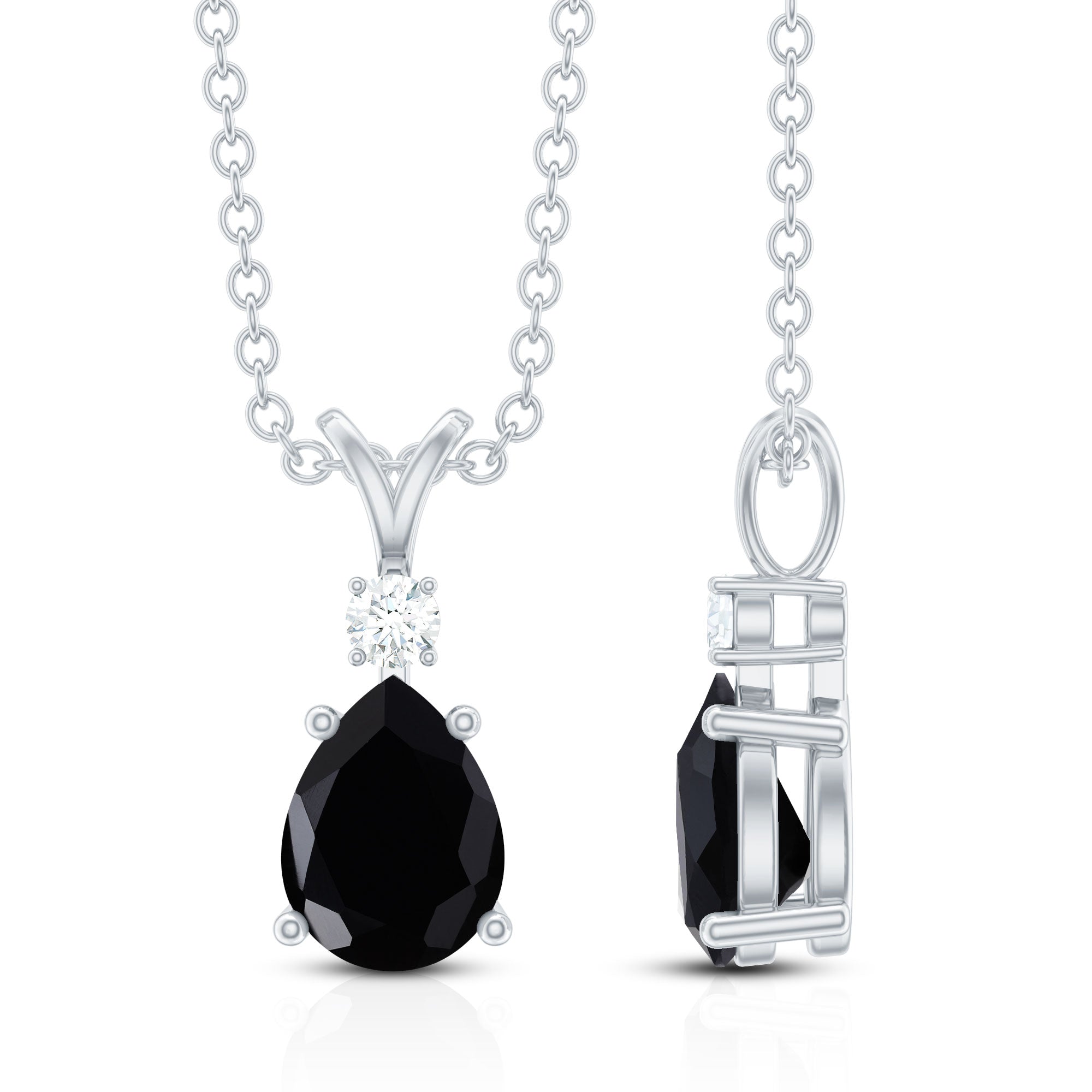 Pear Shape Black Onyx Solitaire Pendant with Diamond AAA - Rosec Jewels