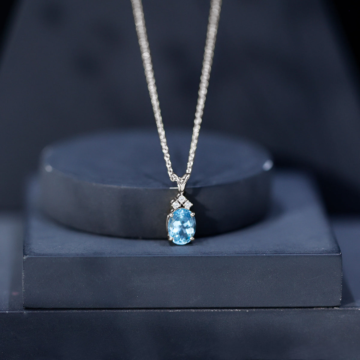 Real 1 Carat Oval Cut Aquamarine Pendant Necklace with Diamond Trio AAA - Rosec Jewels