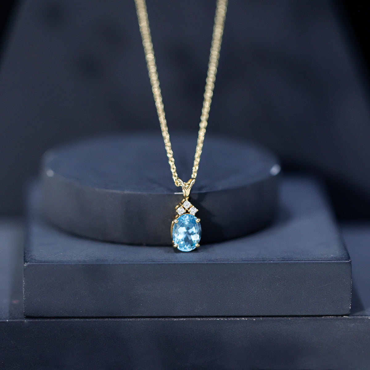 Real 1 Carat Oval Cut Aquamarine Pendant Necklace with Diamond Trio AAA - Rosec Jewels