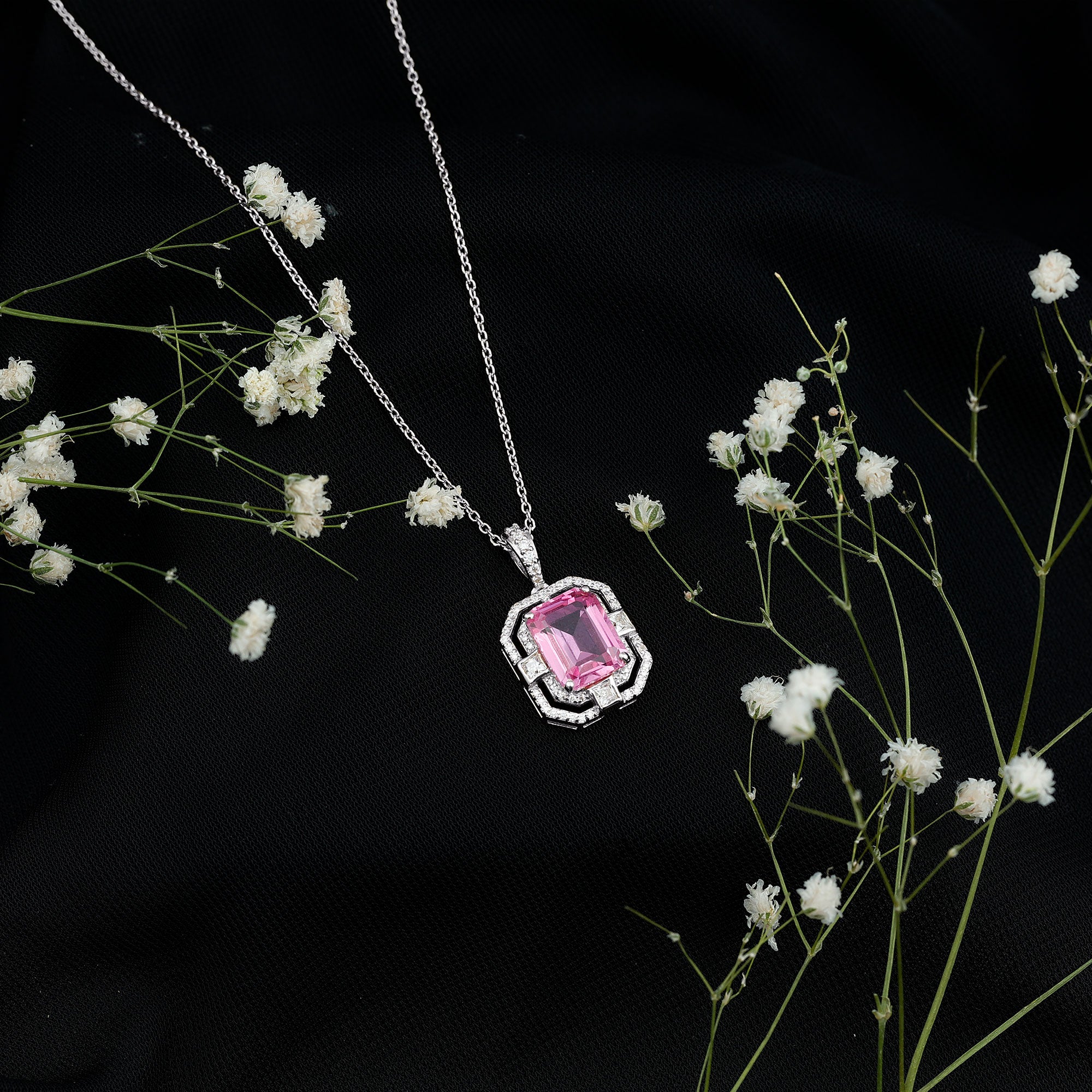 2.7 Carat Lab Created Pink Sapphire Emerald Cut Pendant with 2.7 Carat Lab Created Pink Sapphire Emerald Cut Pendant with