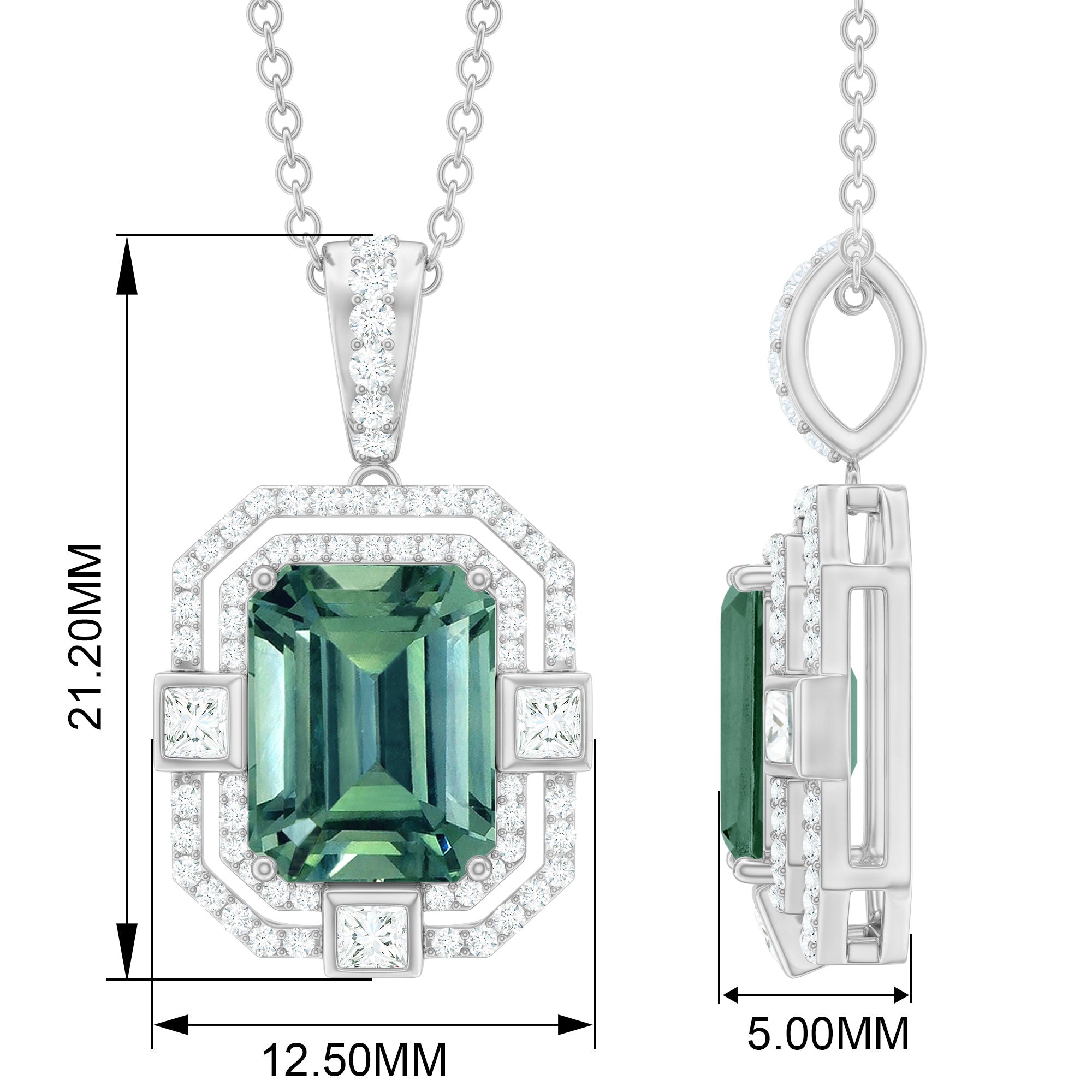 Vintage Style Octagon Created Green Sapphire Pendant with Moissanite Lab Created Green Sapphire - ( AAAA ) - Quality - Rosec Jewels