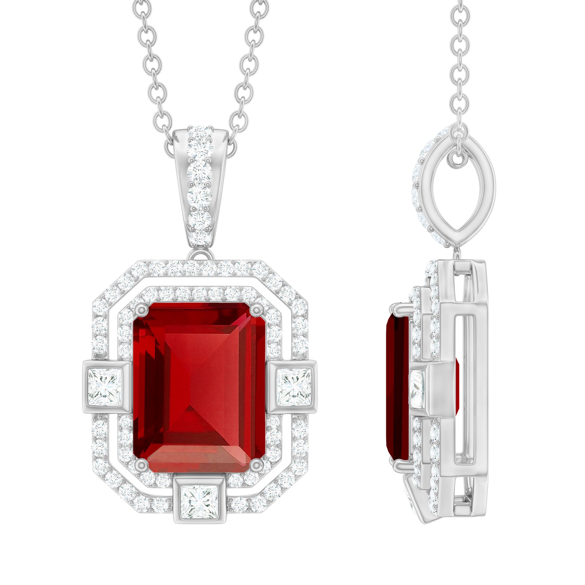 Vintage Inspired Octagon Created Ruby Pendant with Moissanite Lab Created Ruby - ( AAAA ) - Quality - Rosec Jewels