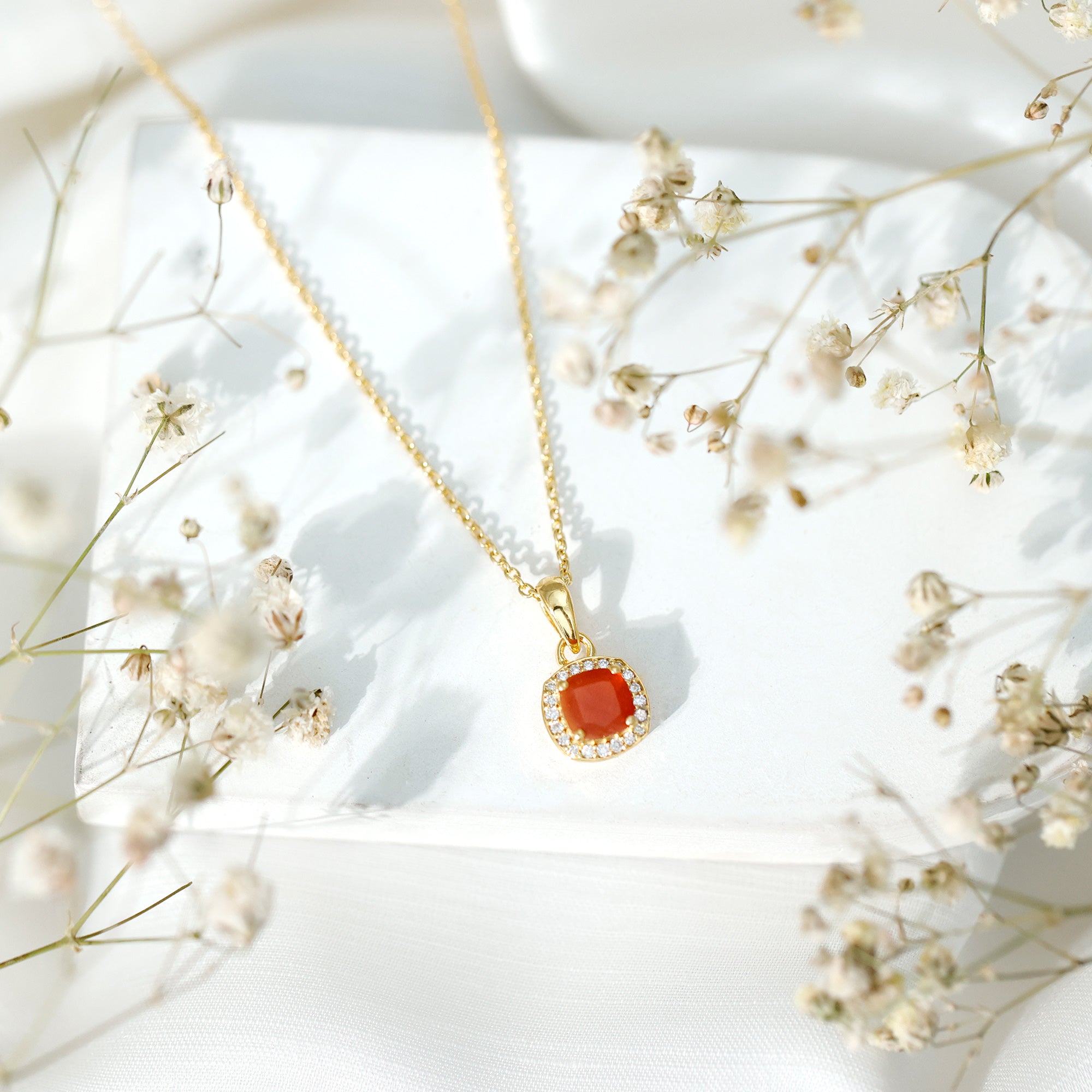 Certified 1 Carat Cushion Cut Fire Opal Pendant Necklace with Diamond Halo AAA 14K Yellow Gold Plated Silver - Rosec Jewels