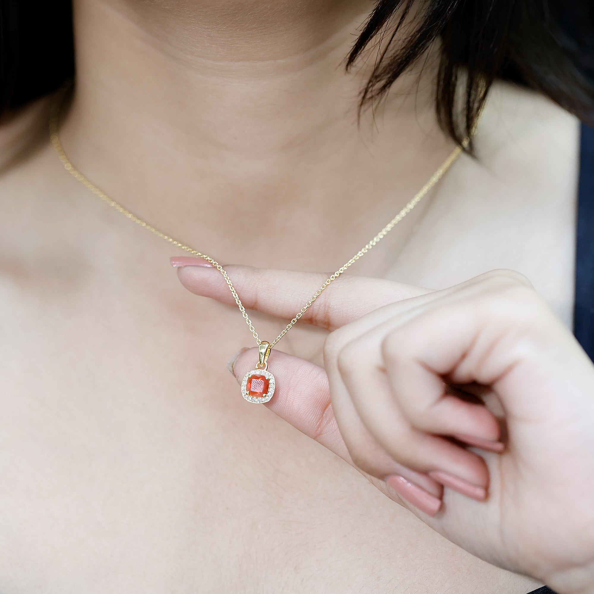 Certified 1 Carat Cushion Cut Fire Opal Pendant Necklace with Diamond Halo AAA 14K Yellow Gold Plated Silver - Rosec Jewels