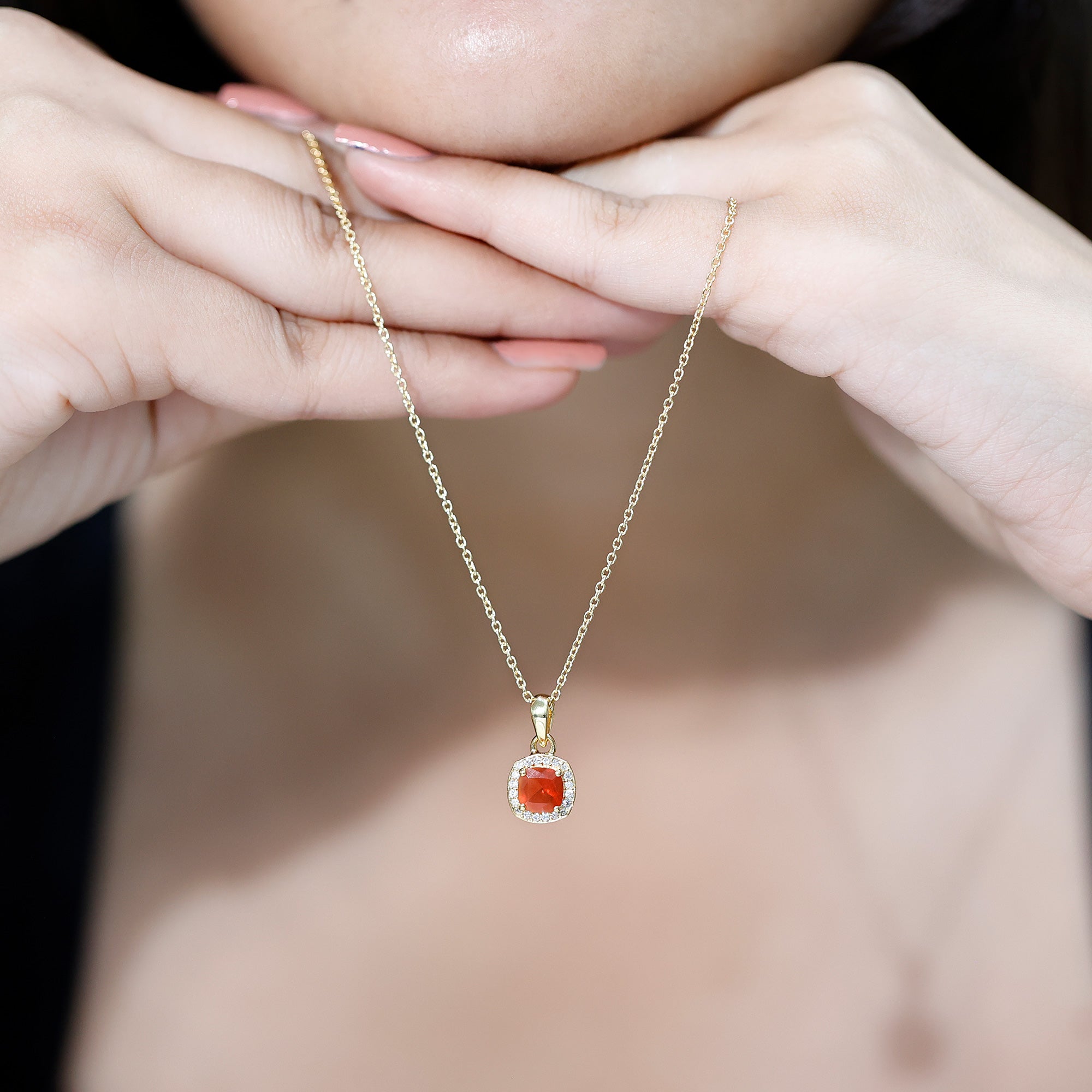 Certified 1 Carat Cushion Cut Fire Opal Pendant Necklace with Diamond Halo AAA 14K Yellow Gold Plated Silver - Rosec Jewels
