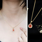 Certified 1 Carat Cushion Cut Fire Opal Pendant Necklace with Diamond Halo AAA 14K Yellow Gold Plated Silver - Rosec Jewels