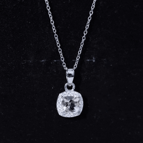 Natural Cushion Cut 1 Carat Morganite Necklace with Moissanite Halo AAA 92.5 Sterling Silver - Rosec Jewels
