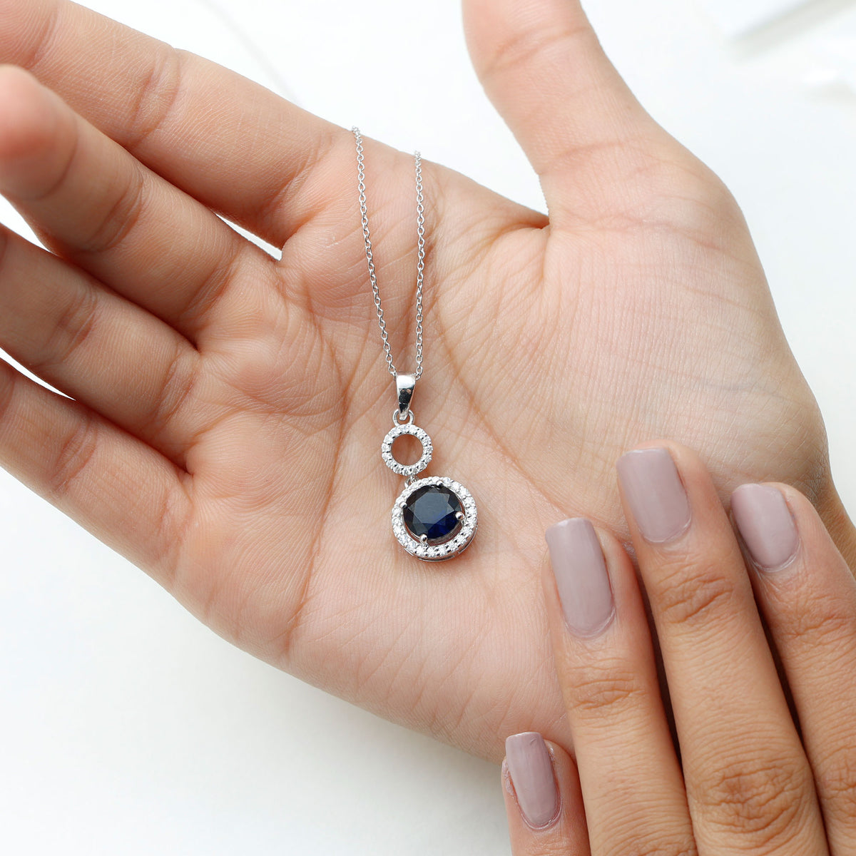 Lab Grown Blue Sapphire Halo Pendant with Moissanite AAAA - Rosec Jewels